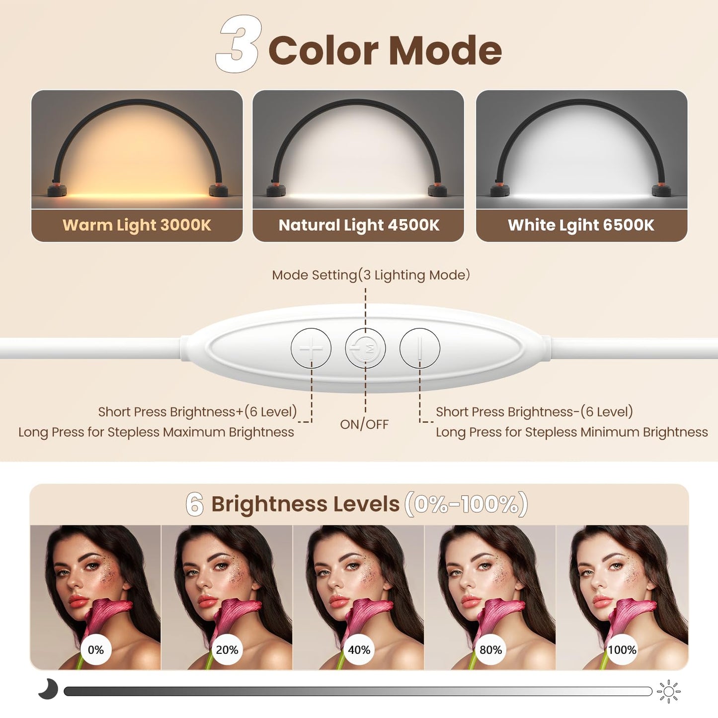 Yokilly Arc Half Moon Light: 16" Half Moon Light with Foldable Bracket for Desk Salon Table Use - No Flicker & Shadow-Free Desk Lamp with Stepless Brightness 3000-6500K for Manicurist Nail Tech