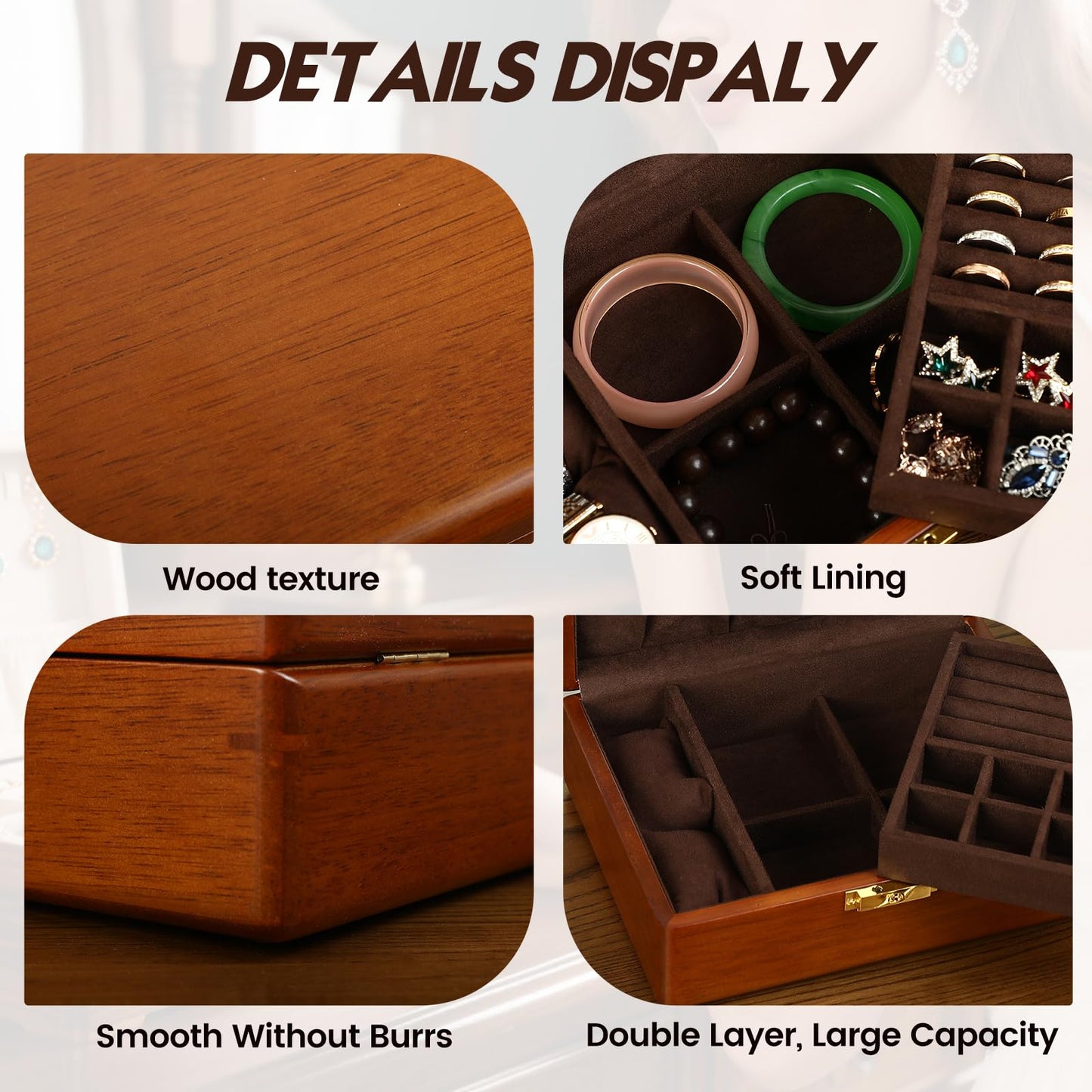 LIBOLXSP Solid Walnut Wood Jewelry Box with Lock,2 Layer Velvet Lined for Earrings Rings Necklaces Bracelets Watches,Both Style and Security, for Men Women,Vintage Brown
