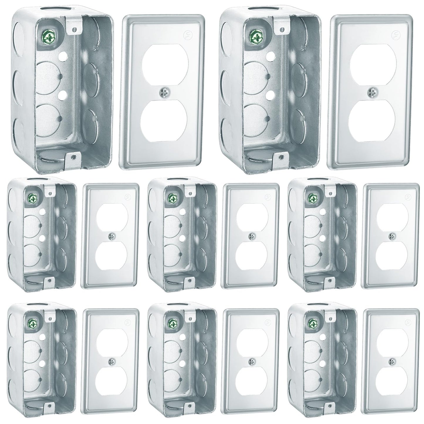 Copkim 8 Set 4 x 2 Inch Electrical Junction Box with Cover Square Plenum Box Galvanized Steel Metal Outlet Boxes, Ten 1/2'' Knockouts, 1-7/8" Deep, 13 Cu. in. Capacity (Duplex Receptacle Cover)