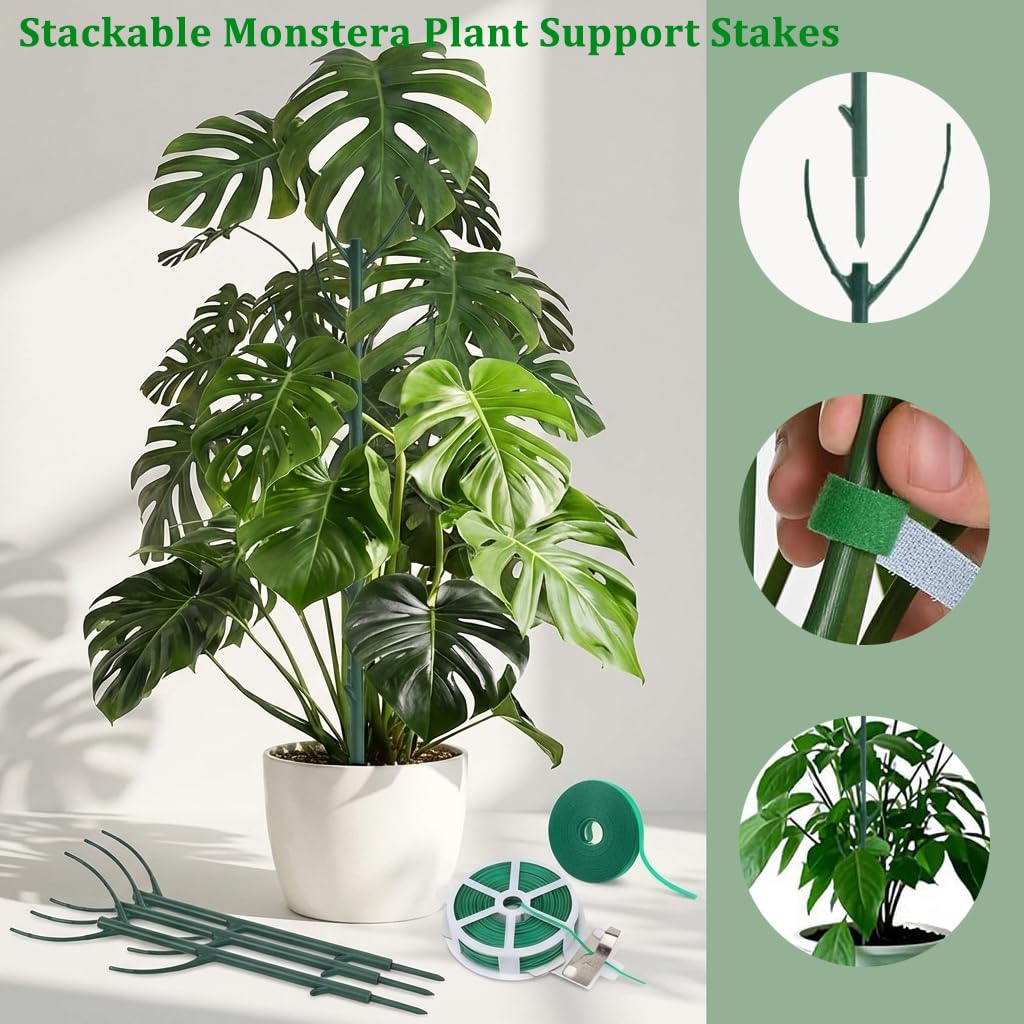 Folklyzo 10 Pack Stackable Plant Support Stakes, Adjustable Plant Sticks for Monstera, Tomato & Climbing Plants – Indoor/Outdoor Garden Support Stakes (10, Green)