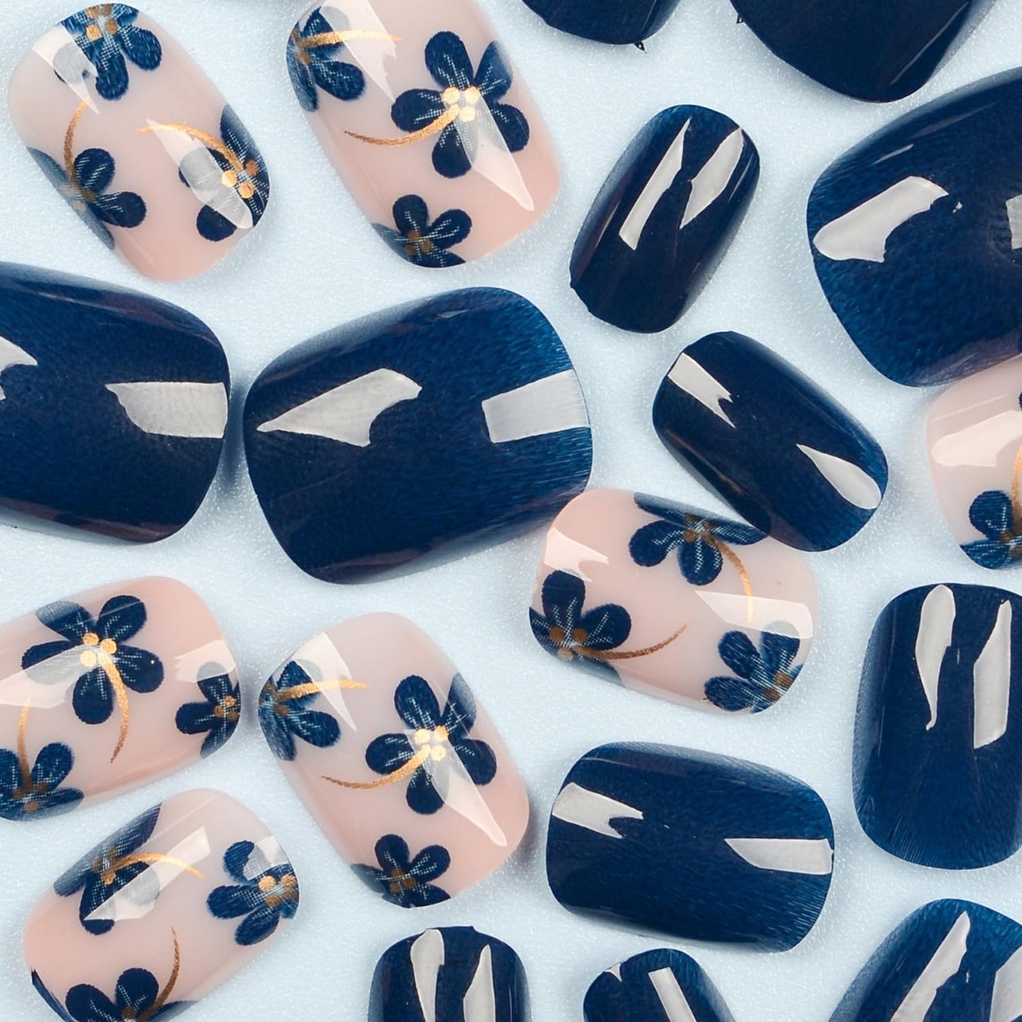 24pcs Blue Press on Nail Short Square Fake Nails Glossy Spring with Floral designs Gold Stripe Stick on Nail Full Cover Acrylic False Nails Reusable Gel Glue on Nails for Women Summer Manicure