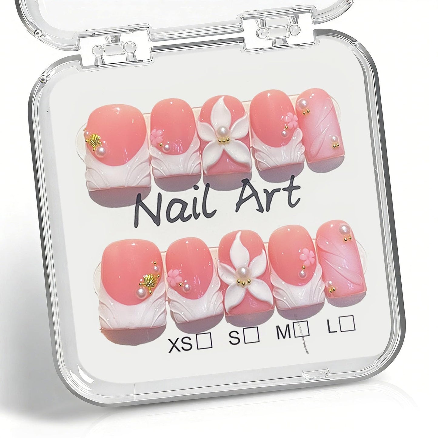10 Pcs Handmade Press on Nails Short Square Fake Nails with 3D Flower Peal Design White French Tip False Nails Short Press Ons Nails Square Pink Acrylic for Women M Size