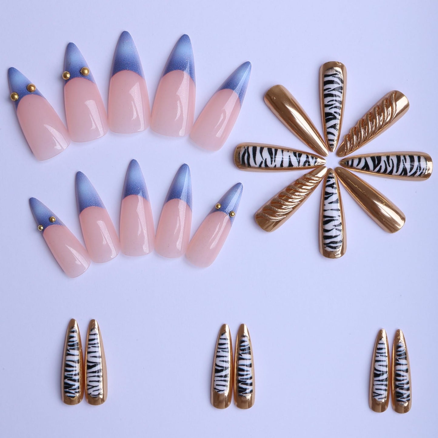 Long Press on Nails Almond Fake Nails Blue French Artificial Nail Gold Charm Designs Leopard Stick on Nail for Women 24pcs