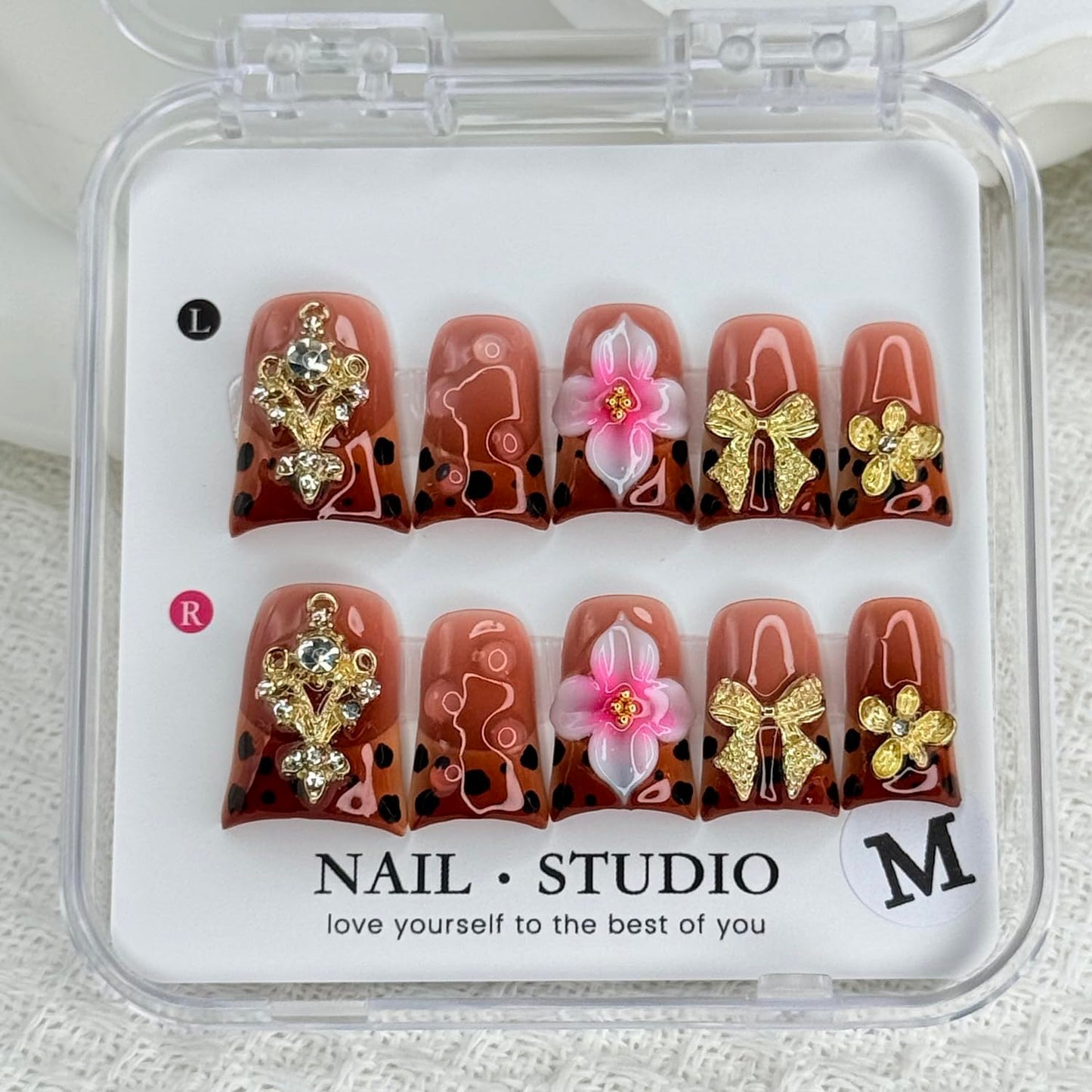 Handmade Press on Nails Short Duck Fake Nails Leopard Print Gradient French Design Luxury Gems False Nails Gold Bow and Flower Handmade Press ons Nail Reusable Nails for Women Decorations (Size M)