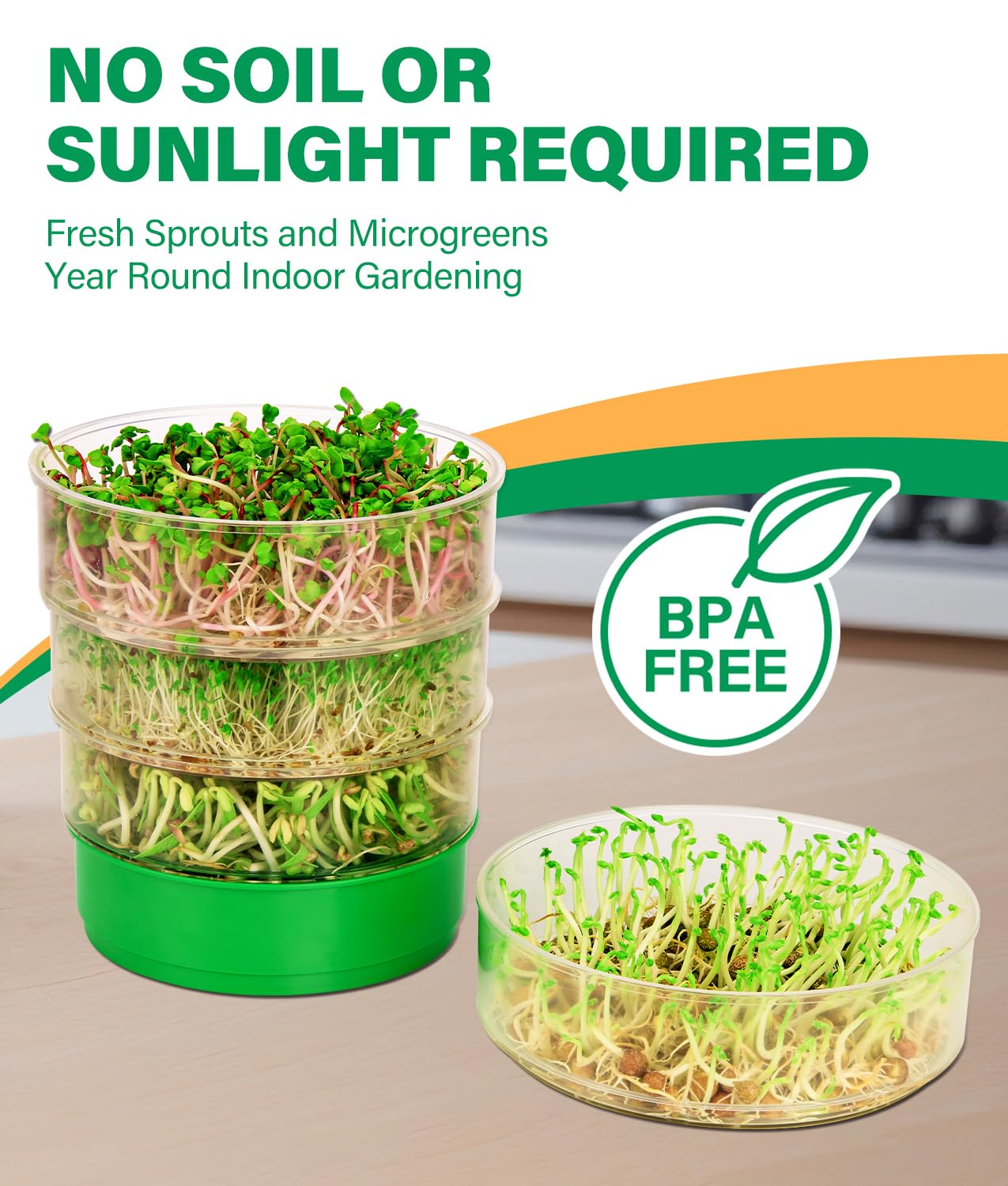 HK Stackable Seed Sprouting Kit, 4-Tier Microgreens Growing Kit with Drain Holes and Drain Tray, Fresh Organic Bean Seed Sprouter Tray, Soil-Free Sprouter Tray for Beans Alfalfa Seeds