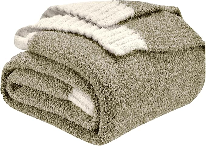 CozeCube Melange Blanket, Ultra Soft Olive Green and White Throw Blanket, Warm Cozy Knit Fuzzy Plush Reversible Throw for Couch Bed Sofa, 50"x60"