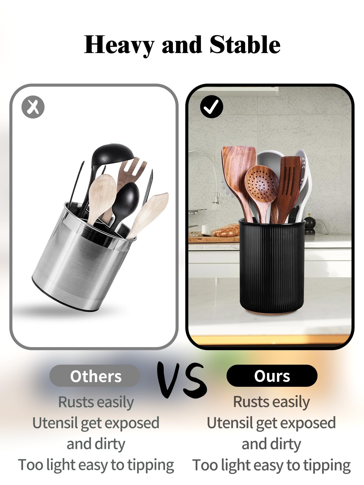 LoeJan Utensil Holder, Extra Large Utensil Crock, Stable Ceramic Utensil Organizer, Cooking Tool Organizer Set for Kitchen Counter Farmhouse Decor (F-6.7" Black)