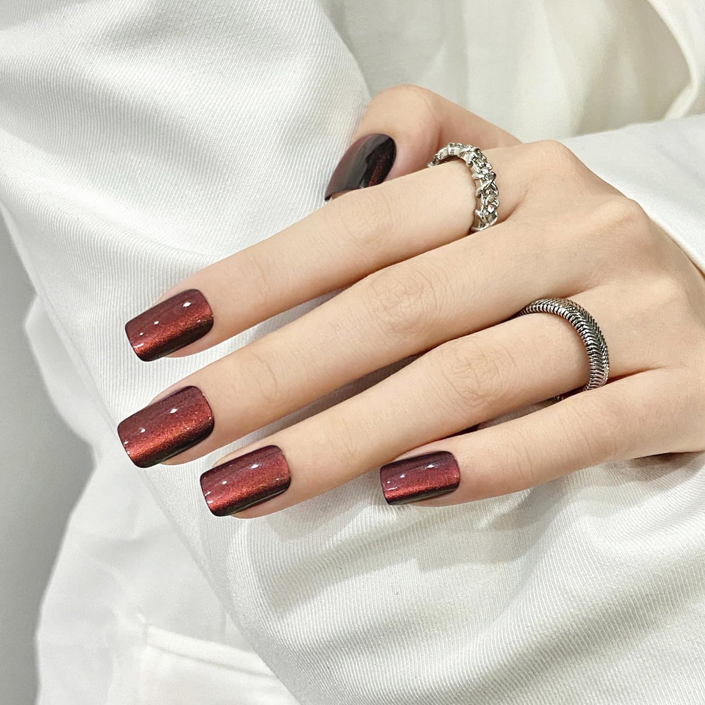 Brown Red Cat Eyes Press On Nails,12 Sizes-24 Pcs Soft Gel Brown Red Medium Square Fake Nails Kit with Nail Glue, Natural Reusable Stick On False Nails for Women and Girls (Skycloud Nails) SK0927