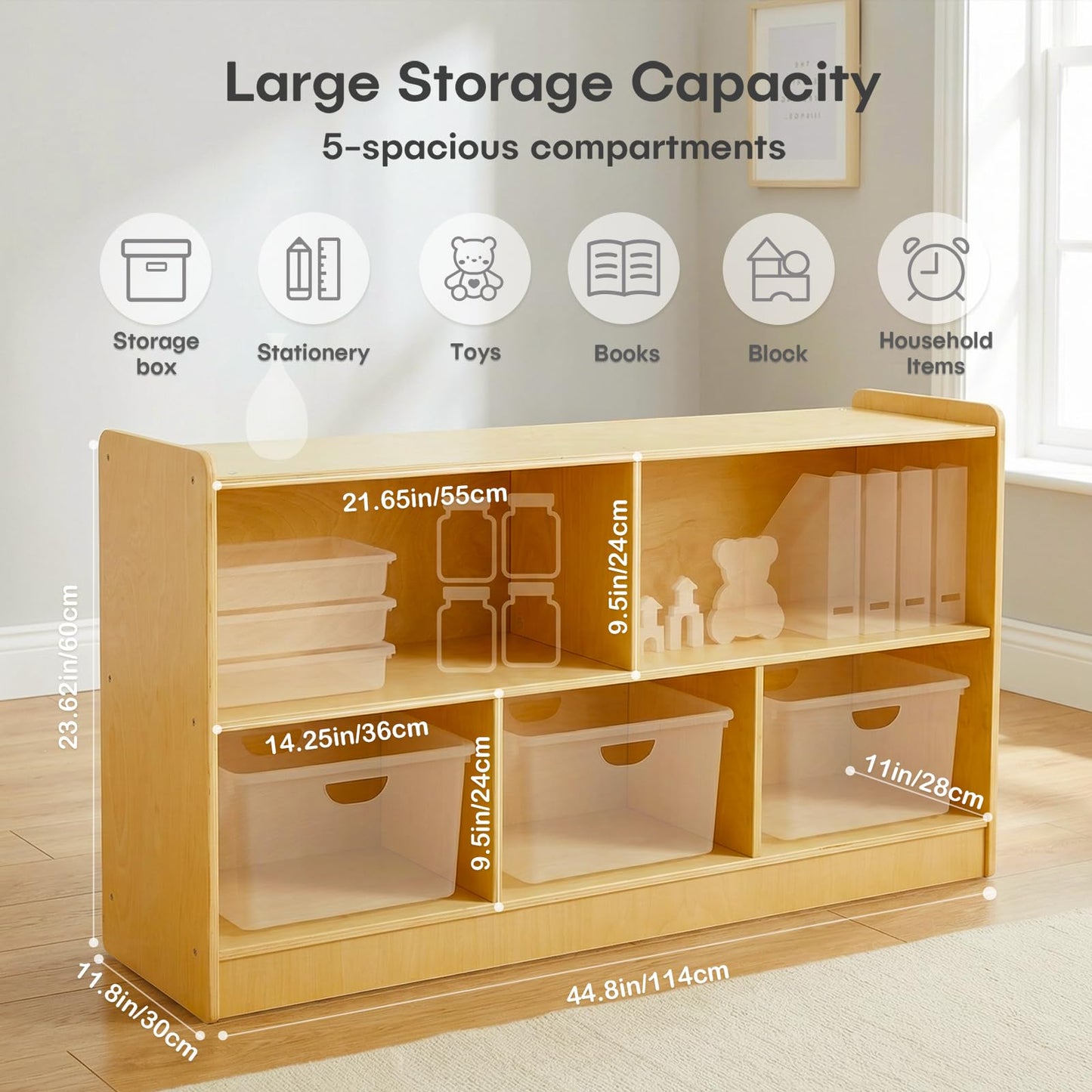 STEPLAY Montessori Shelf, Wooden Toy Storage Organizer with 2-Tier Shelf & 5-Section Storage Cabinet, Kids Bookshelf/Bookcase for Toddler Playroom, Nursery, Classroom(Natural)