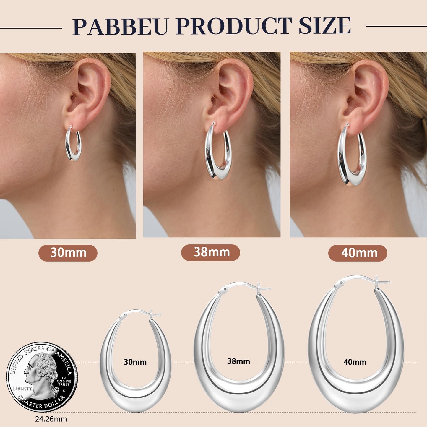 PABBEU Sterling Silver Chunky Oval Hoop Earrings, 40mm, Hypoallergenic, for Women