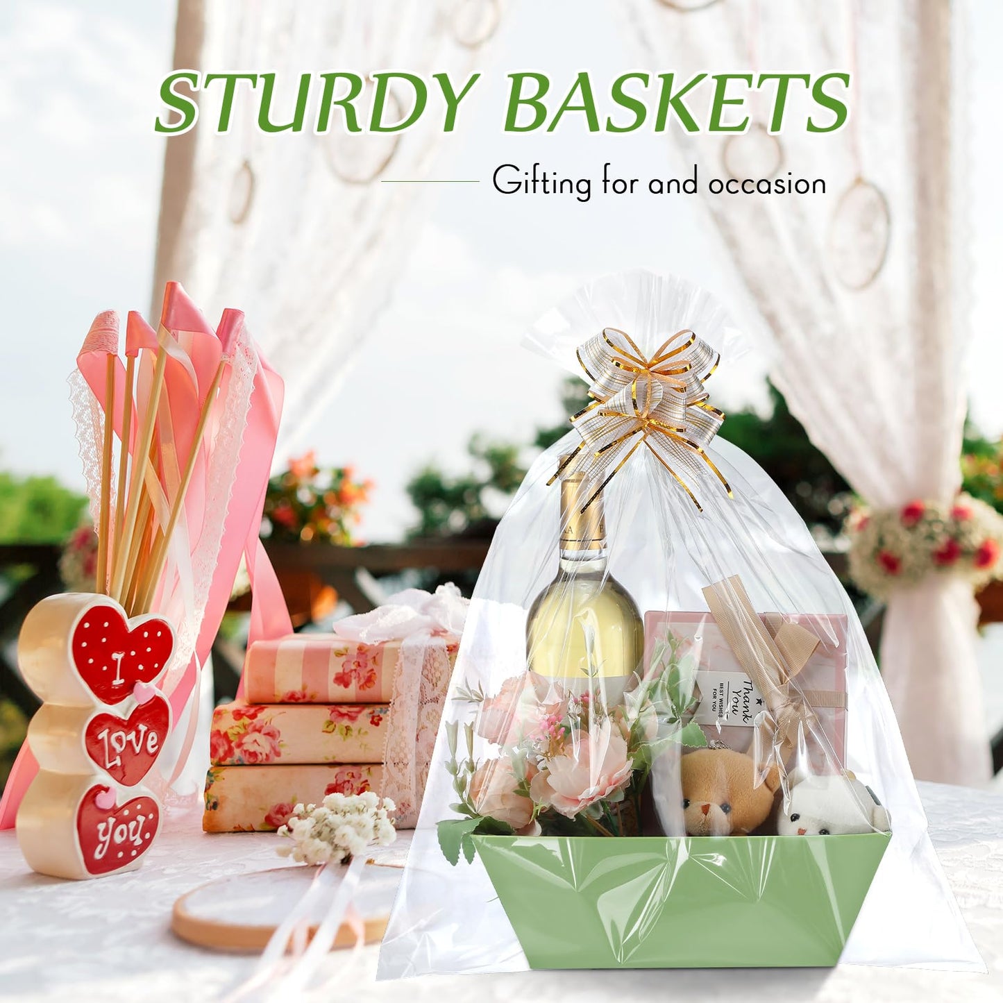 Thenshop 44 Pcs Basket for Gifts Empty Gift Basket Bulk Include 12 Cardboard Tray 12 Plastic Bags and 20 Pull Bows for Christmas Fall Halloween Birthday Wedding Party DIY Wrapping(Solid,Sage Green)