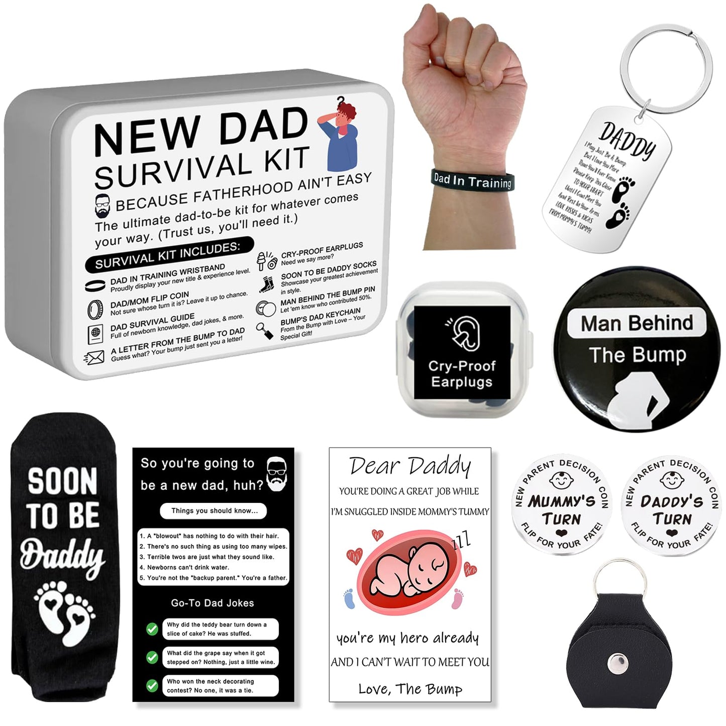 Funny New Dad Gift Set – 8-Piece First-Time Dad Kit for Baby Shower & Gender Reveal – Includes Socks, Decision Coin, Keychain, Guide Card, Wristband & More – Unique Gift for Expecting Fathers!