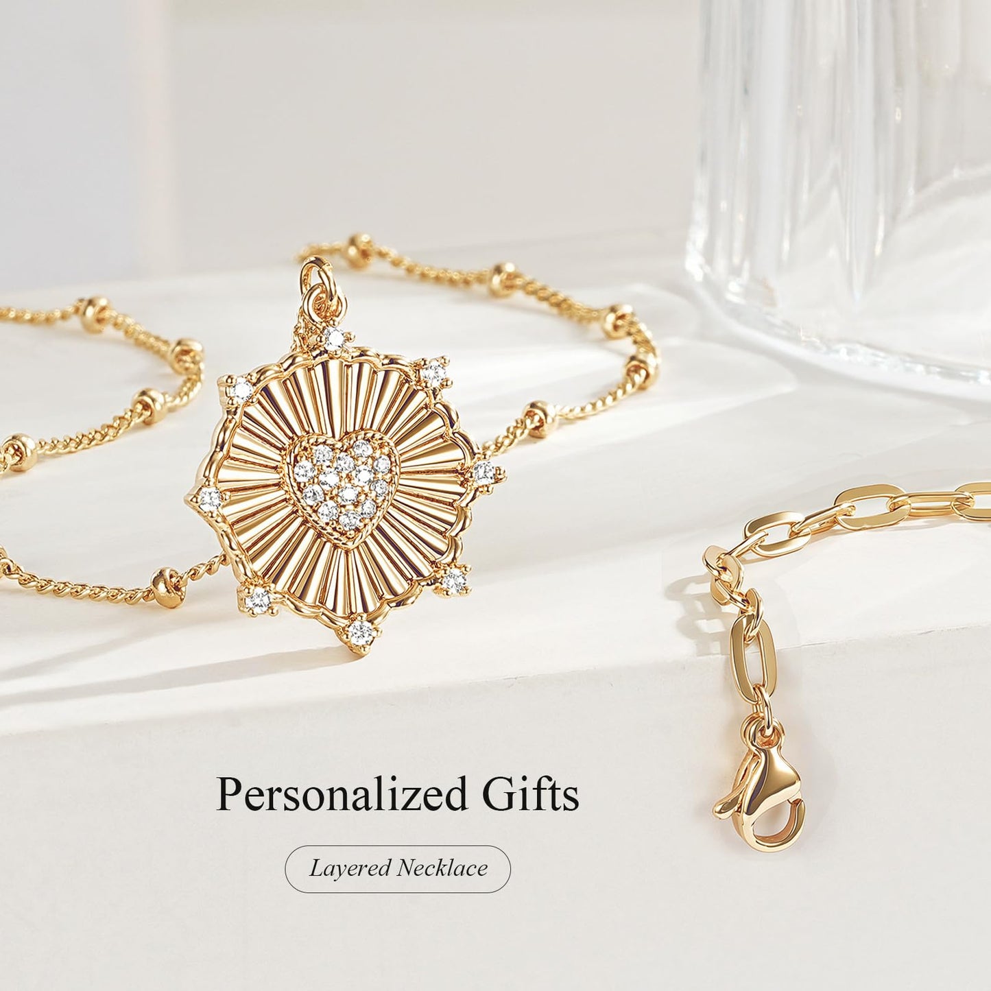 MEVECCO Layered Heart Necklace for Women 18k Gold Plated Dainty CZ Gold Charm Choker Layering Pendant Necklace Stack Personalized Jewelry Set Gift