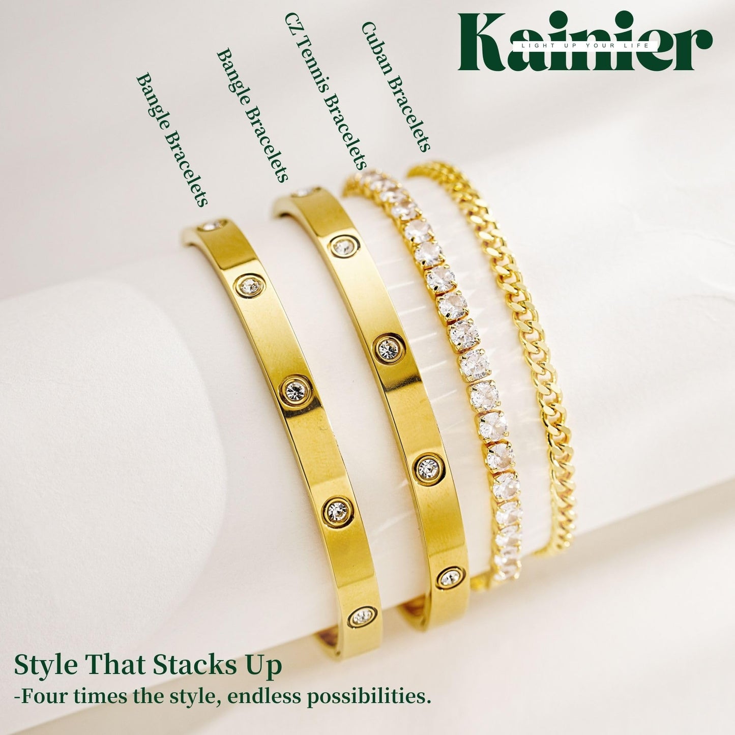Kainier 14K Gold Plated Bracelets Sets for Women 4pcs Love Bangle Bracelet Cubic Zirconia Tennis Cuban Chain Stacking Gift for Love