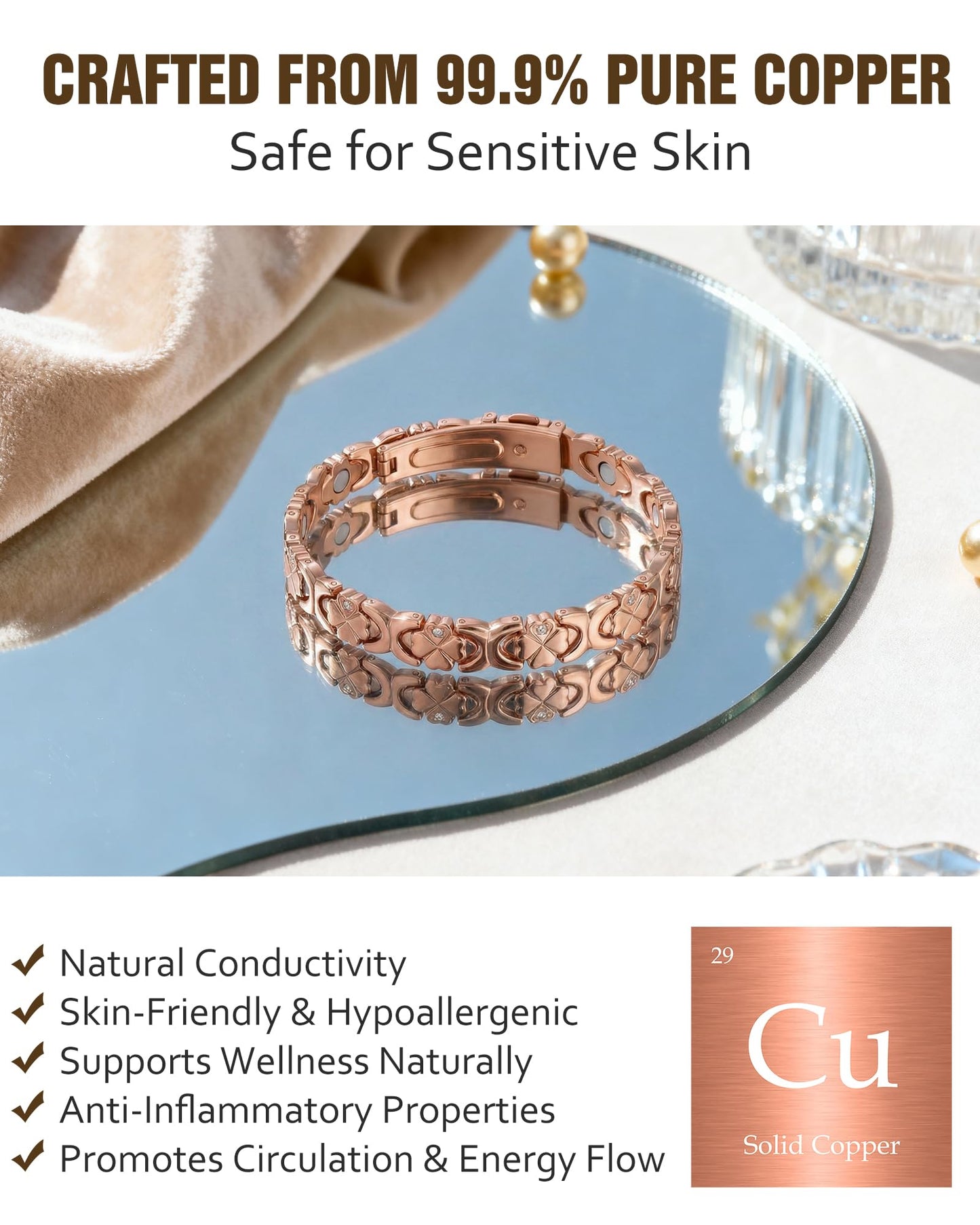 Jecanori Magnetic Copper Bracelet for Women — 3500 Gauss Magnets — Premium Fold-Over Clasp & Adjustable Length,Rose Gold