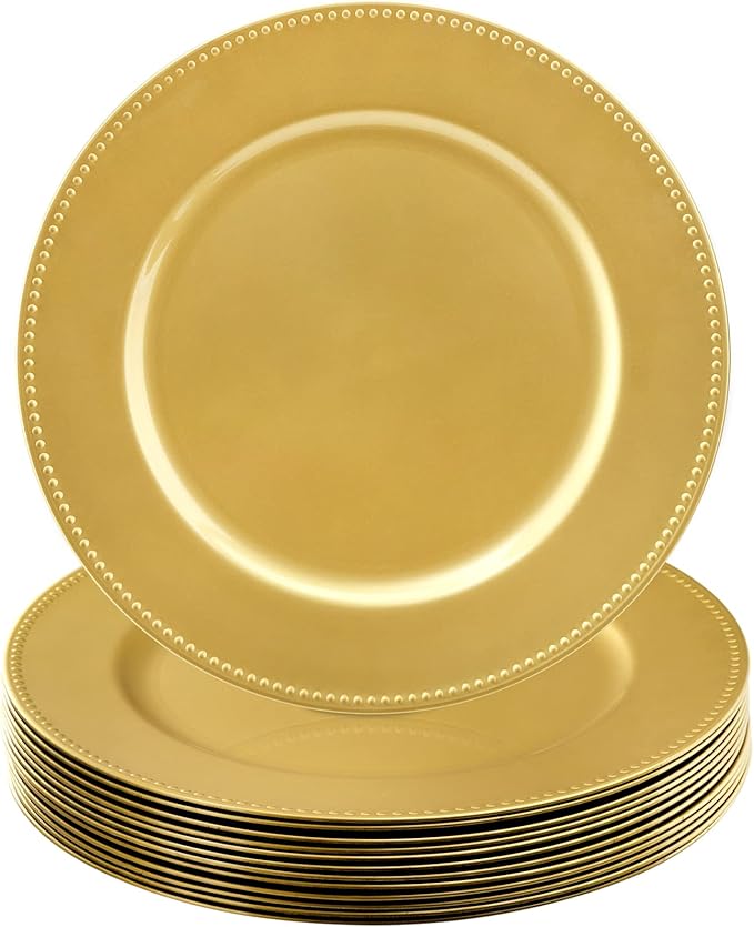 Okllen 12 Pack Plastic Gold Charger Plates, 13" Round Beaded Charger Plates for Wedding, Catering Event, Tabletop Decor
