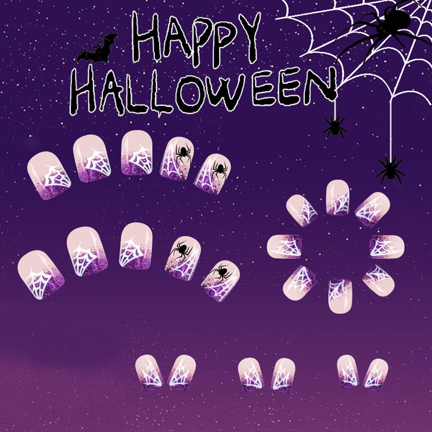 24Pcs Halloween Glitter French Tips Press on Nails Short Square Shaped Purple Fake Nails Horror Spider False Nails with White Spider Web Designs Halloween Acrylic Nails for Women DIY Manicure