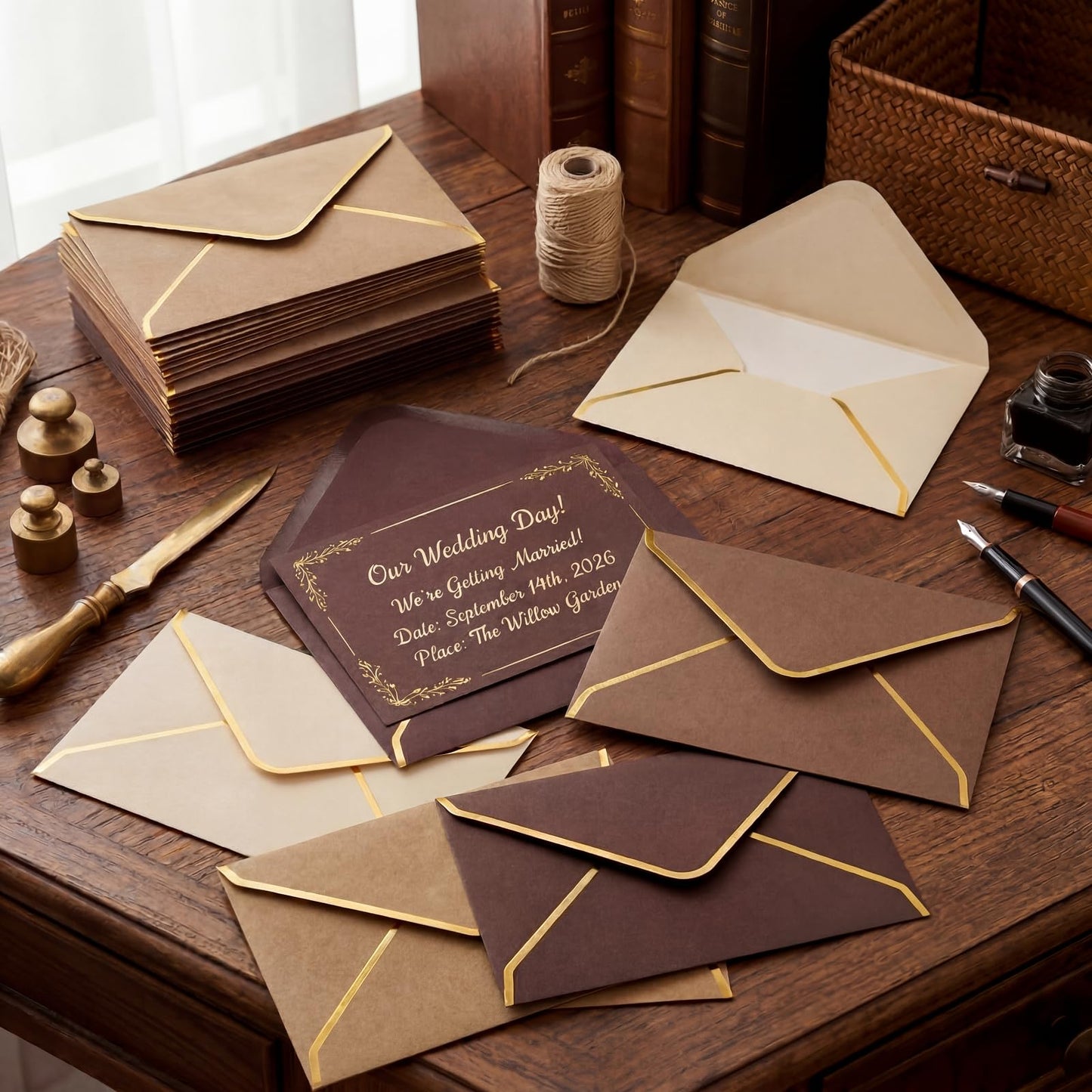 Cholemy Brown 4 x 6 Envelopes 50 Pack A6 Card Envelopes with Gold Border, 180 Gsm Self Adhesive V Flap Invitation Envelope for Wedding Bridal Shower Birthday Greeting Graduation Mailing Funeral