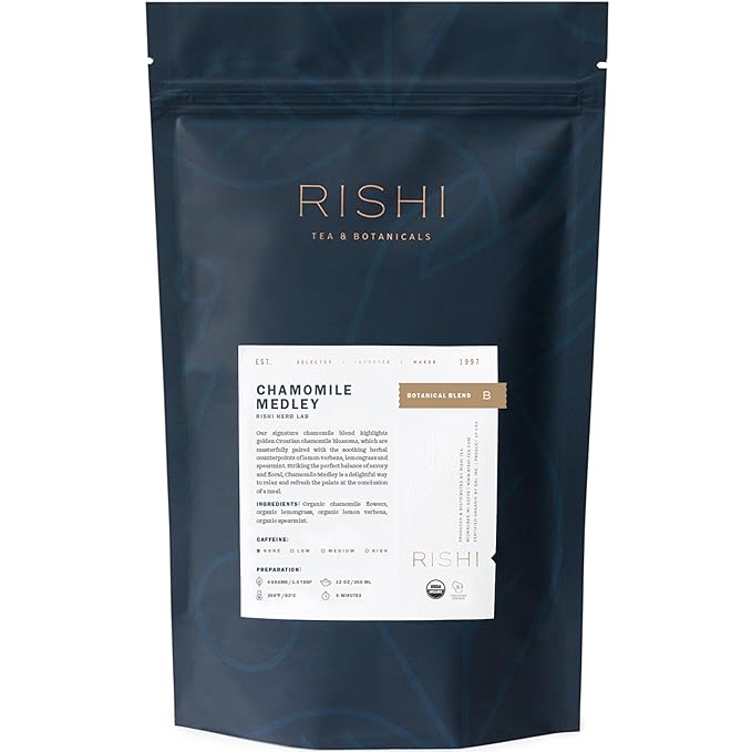 Rishi Tea Chamomile Medley Herbal Tea - Organic, Caffeine Free Loose Leaf Tea, Sleep Friendly Calming Chamomile Flowers with Lemon Verbena & Mint - 4 Ounces, 28+ Servings