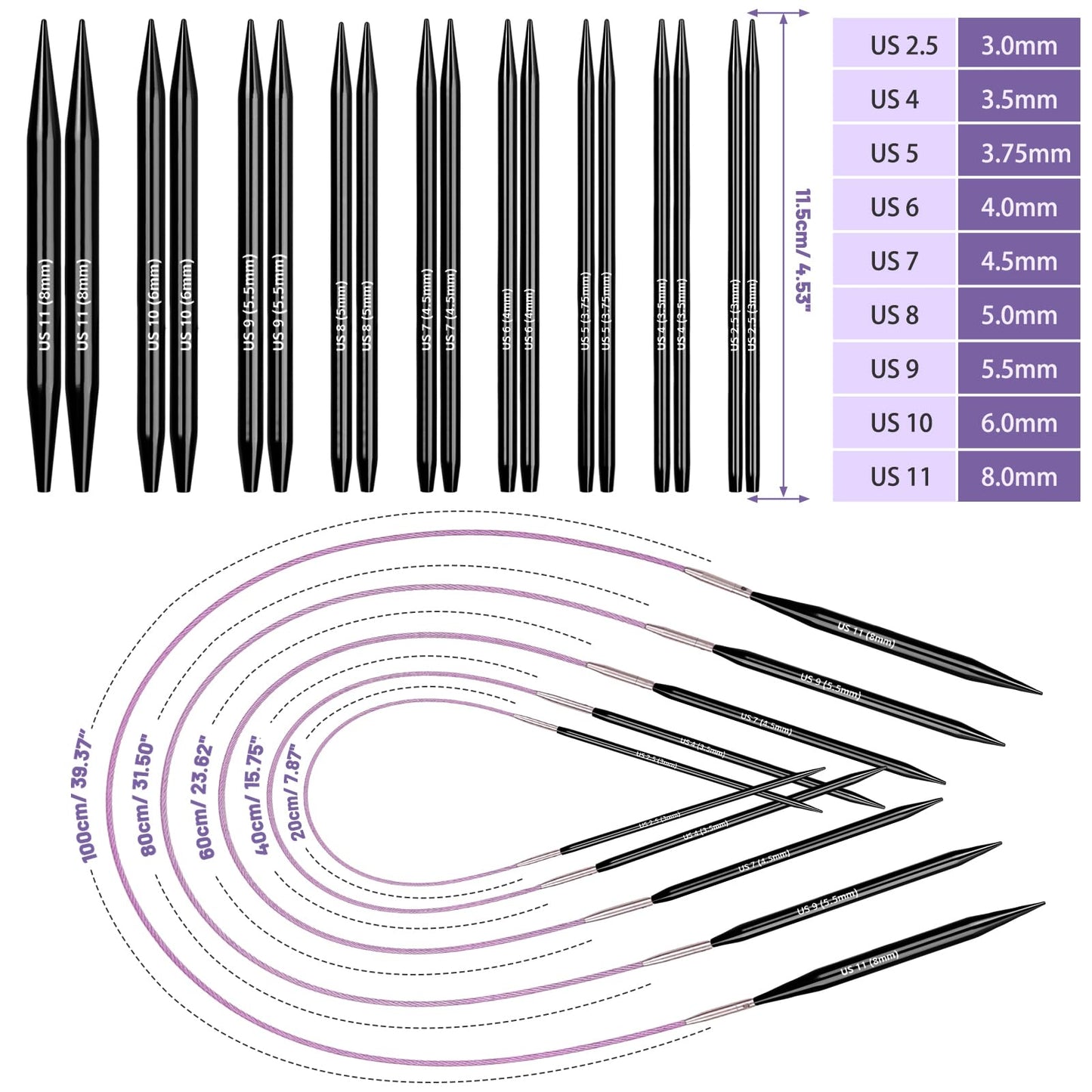 Katech Interchangeable Knitting Needles Set- 9 Pairs Circular Knitting Needles Size 2.5, 4, 5, 6, 7, 8, 9, 10,11, Round Knittings Needle with 5 Cable and Case Accessories for Sweater Sock, Blanket