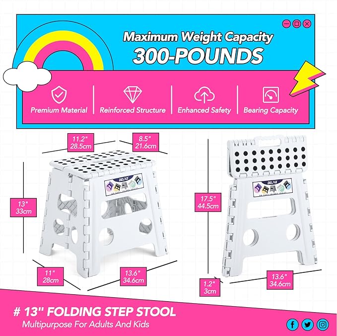 Delxo Folding Step Stool 13 Inch 2 Pack White Non-Slip Foldable Stools for Kids & Adults Up to 300 LBS Step Stool with Handle Lightweight for Kitchen/Bathroom/Bedroom/Garden