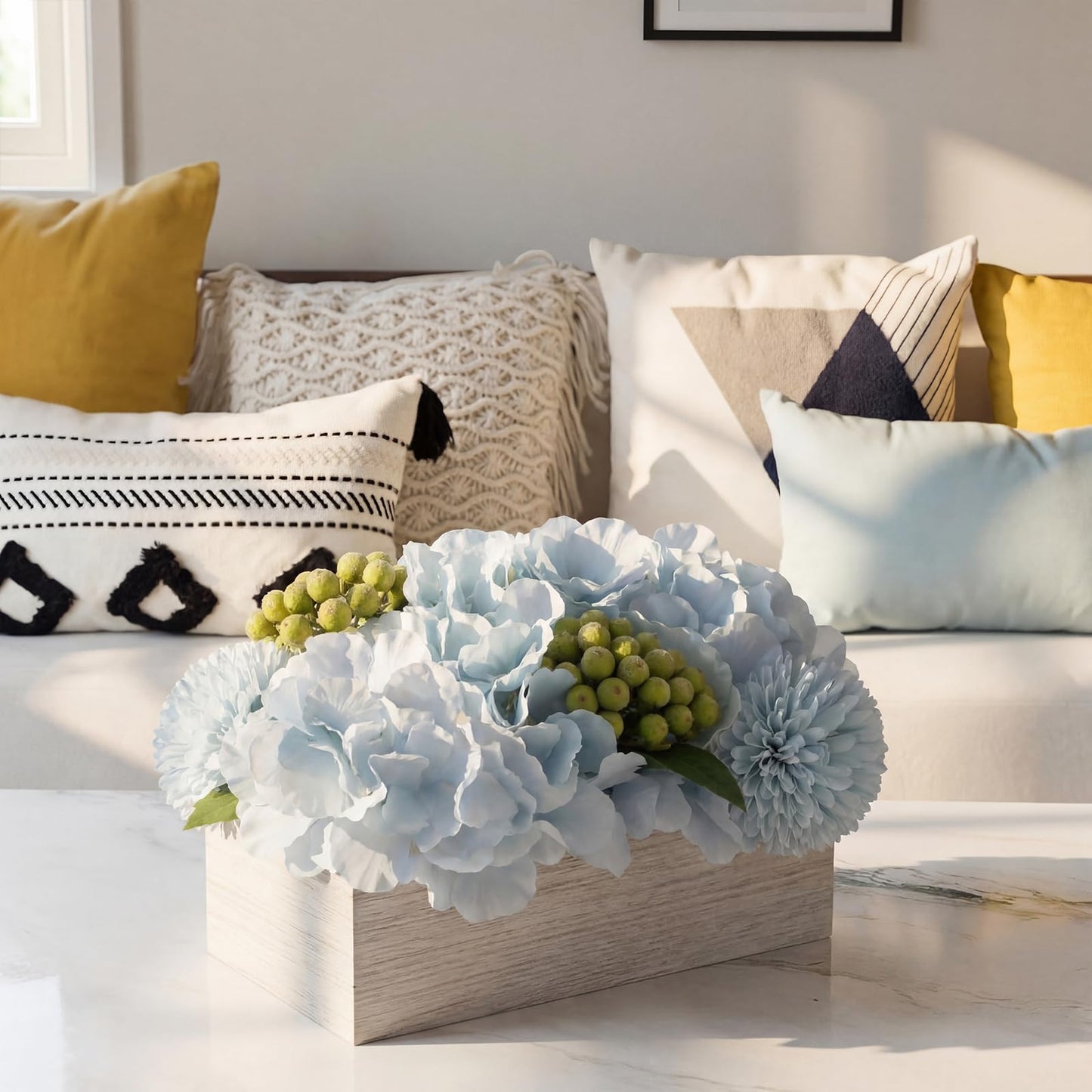 AceOrbit Blue Hydrangea Artificial Flowers with Wooden Box Table Centerpiece Decorations Fake Flowers Arrangement with Green Berries for Dining Room Home Table Bathroom Shelf Spring Easter Decoration