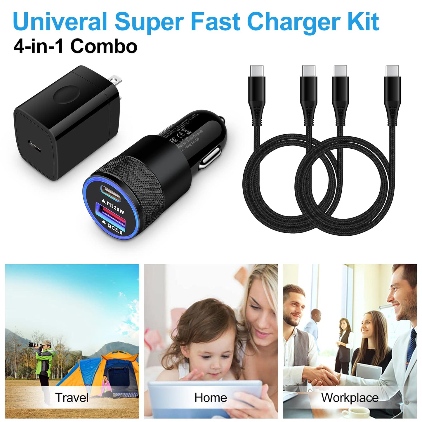 Type C Charger Fast Charging Block for Samsung Galaxy S25, A15 5G,A16,A55,A35,A14,A13,A25,S24 S23 FE,A03s,A53,Z Fold6,20W PD 3.0 USB C Wall Charger 38W Car Adapter+2 PCS Android 6ft USB C-to-C Cable