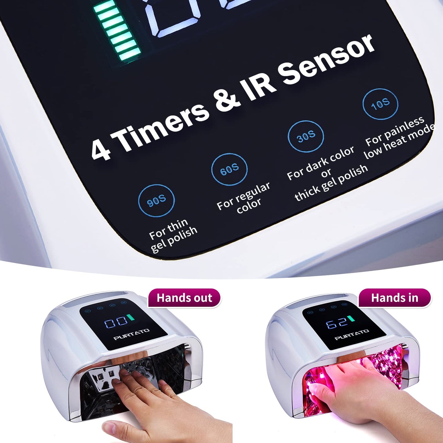 PURTATO Professional Rechargeable 96W UV LED Portable Cordless UV Light for Nail Lamp Machine with Removable Stainless Steel Bottom,4 Timer Setting and Smart Sensor Nail Dryer (Plating Silver)