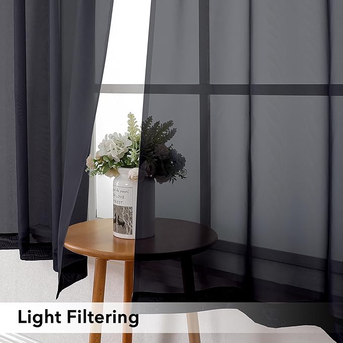 Simplebrand Black Short Sheer Curtains 45 Inch Length for Small Windows, Rod Pocket 2 Panels Set Solid Voile Drapes Window Sheer Curtains for Bedroom Bathroom Kids Room Kitchen, 42x45 Inch
