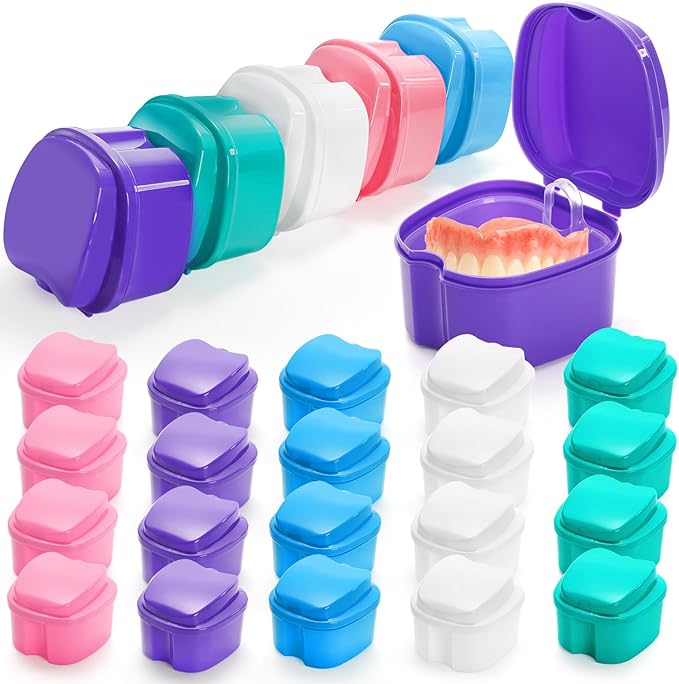 ZENFUN 20 Packs Denture Cases Dental Box For Artificial Teeth Denture Retainer Case Bulk Denture Holder with Strainer Basket Denture Soaking Container False Teeth Storage Box, Individually Sealed