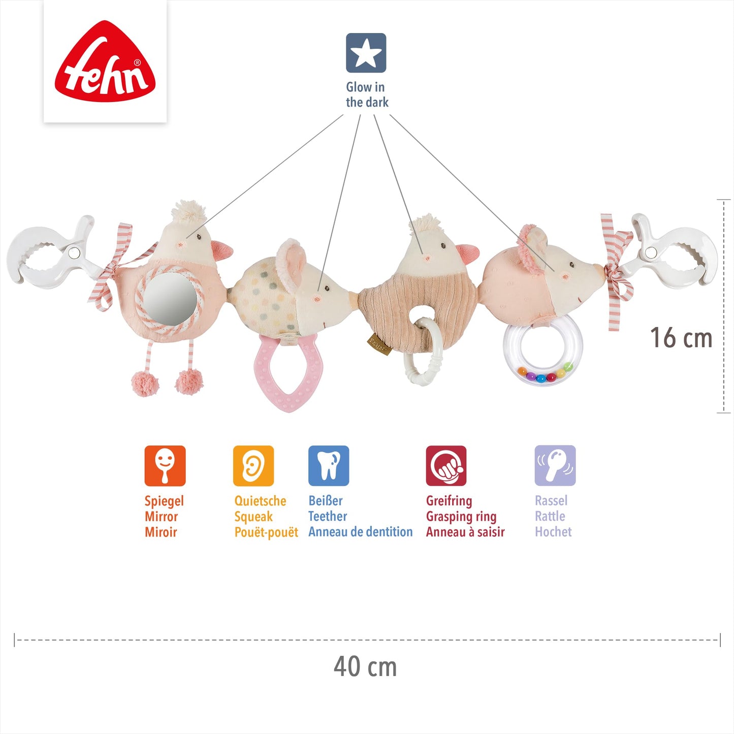 Fehn FeehnLAND Stroller Chain, Mobile Chain with Cute Hanging Figures, Flexible Hanging Motor Activity Toy, Play Bow for Babies and Toddlers from Birth