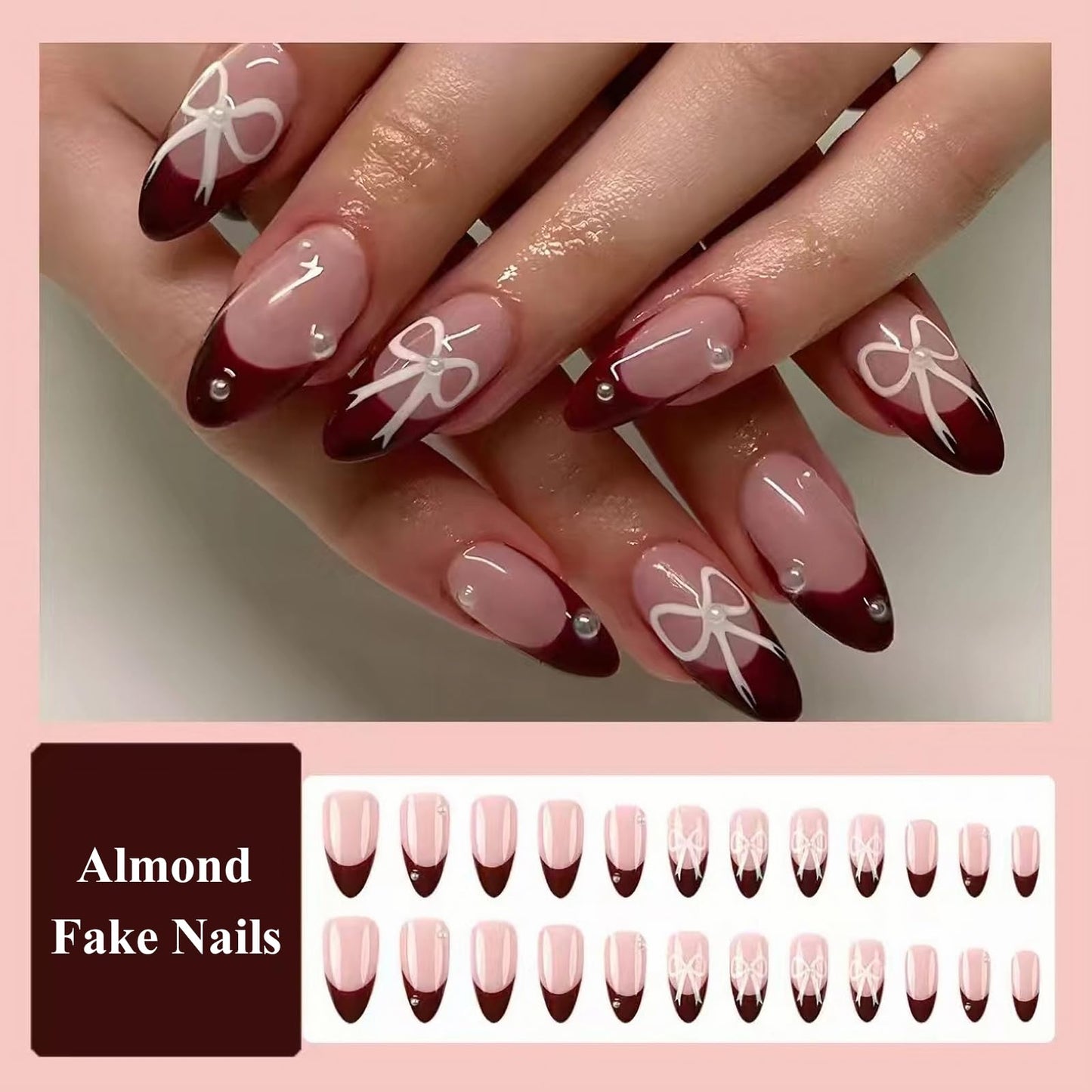 MISUD Press on Nails - Medium Almond Fake Nails with Wine Red French Tip, Acrylic Bow Pearl Design 24 pcs