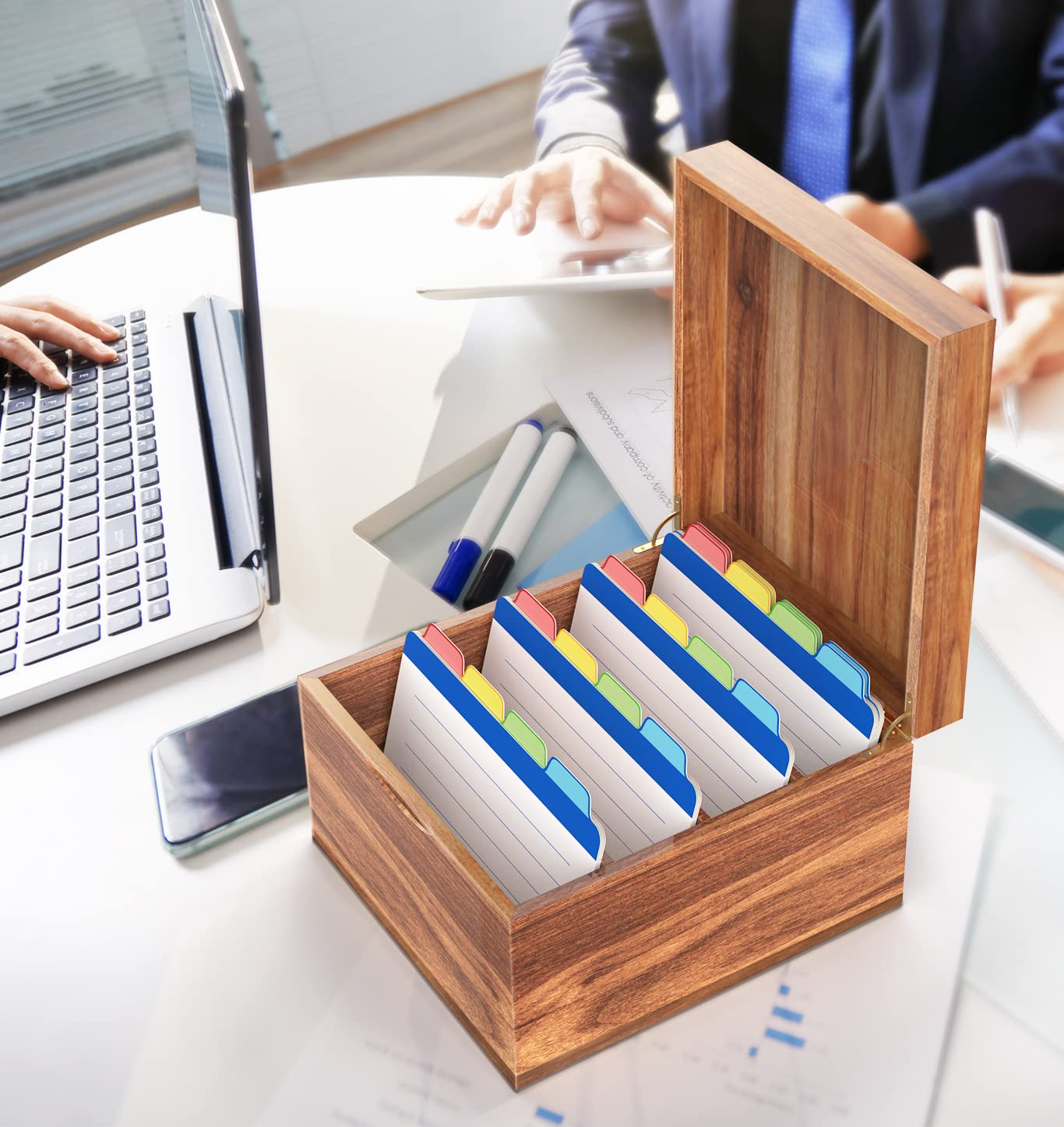 Neando 5x8 Index Card Organizer with Lid – Extra Large Acacia Wood Storage Box with 4 Compartments, 20 Blank Tabs, Holds 600 Cards – File Box for Recipes, Projects, School Notes & Office Organization