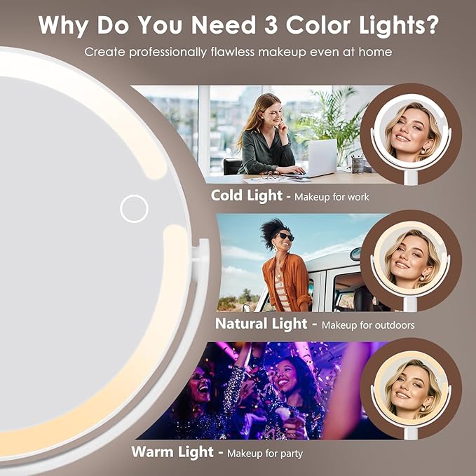 Makeup Mirror with Lights, Lighted Makeup Mirror 1x/10X Magnifying Mirror, Rechargeable 3 Color Lights & Adjustable Brightness LED Vanity Mirror, 360° Rotation Detachable Travel Make Up (White)