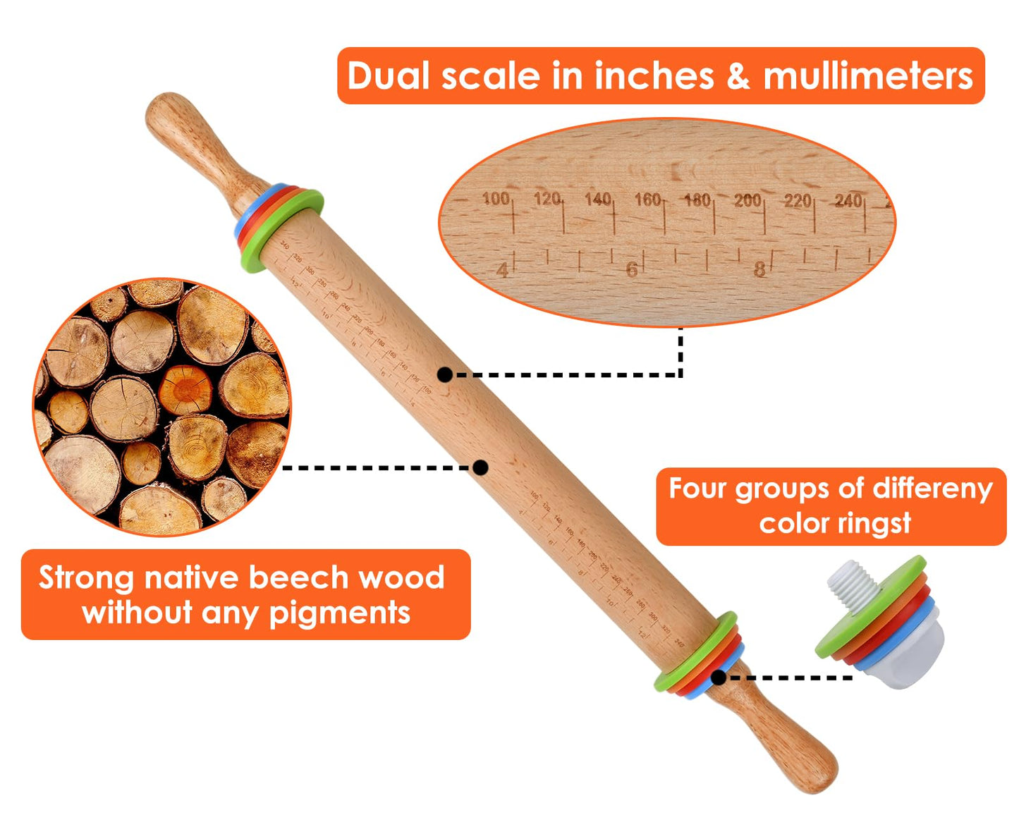Victhur Rolling Pin with 4 Adjustable Thickness Rings and Long Handle 13.6 Inch Wooden Dough Roller for Baking, Dough, Cookie, Cake, Fondant, Pizza and Pie Crust