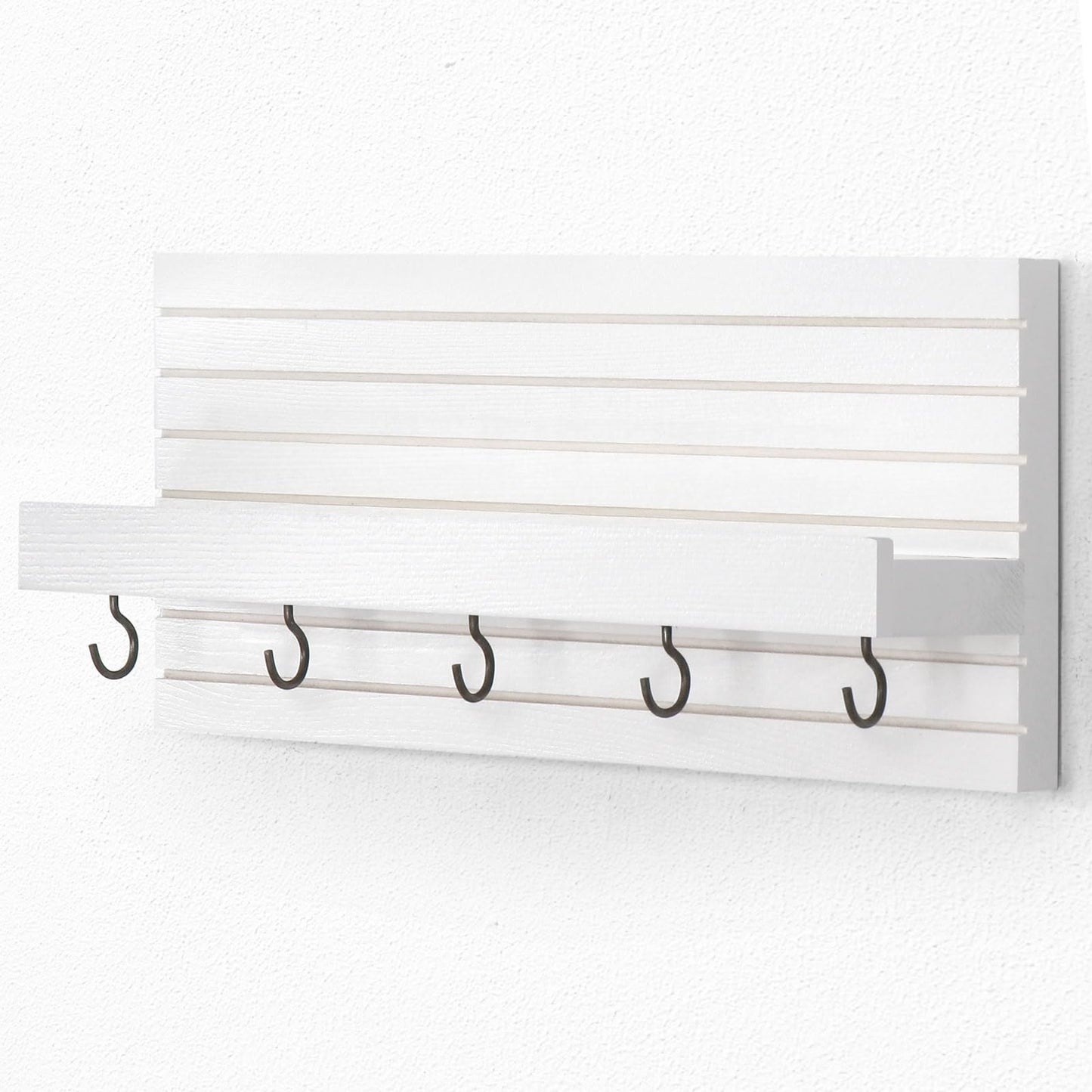 Lwenki Decorative Key Holder for Wall with Shelf, Entryway Shelf with Hooks Holds Leashes, Jackets and Glasses – Sturdy Wood Keyholder Entrance Hanger with Mounting Hardware (White, Medium)