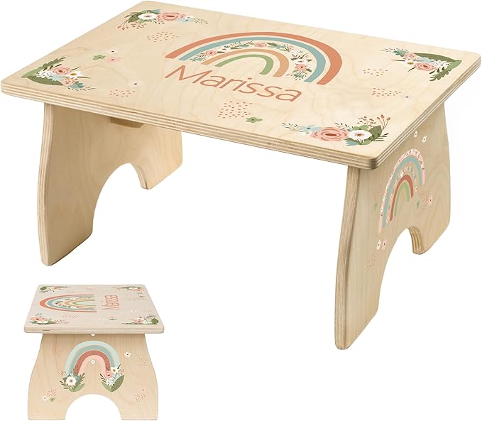 Step Stool for Toddlers- Personalized Wood Kids Step Stool with Name for Kitchen Sink, Bathroom, Potty Training, Toilet, Kitchen Sink- Sturdy and Safe- Made in USA by BloomOwl (Rainbow- Floral)
