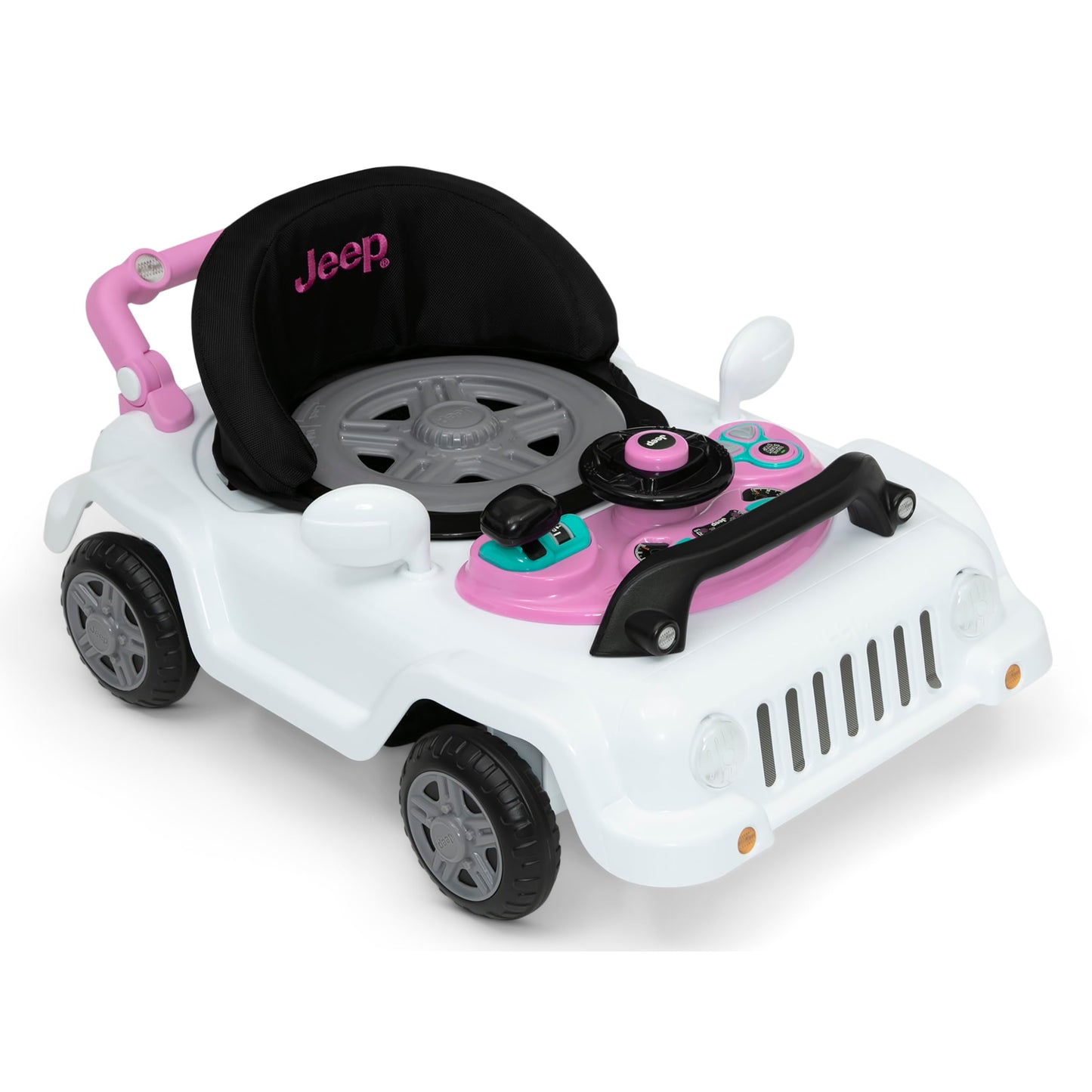 Jeep Classic Wrangler 3-in-1 Grow with Me Activity Walker - Features Music, Lights, Removable Play Tray, Push Walker Mode, Converts into Rolling Car Toy, White/Pink