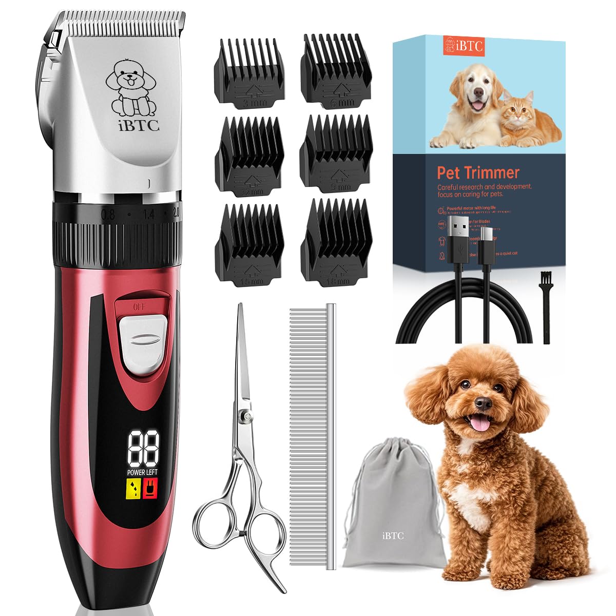iBTC Dog Shaver Clippers Low Noise Rechargeable Cordless Electric Quiet Hair Clippers Set for Dogs Cats Pets Features a Ceramic Blade Head That is Removable (red)