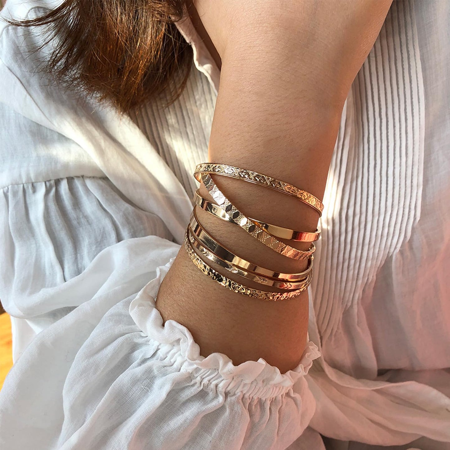 IFKM Gold Bangle Bracelets For Women, 14k Gold Plated Multi Layer Stackable Cuff Bracelet Set, Trendy Elegance Charms Non Tarnish Minimalist Textured Boho Jewelry Gift (6pcs Love)