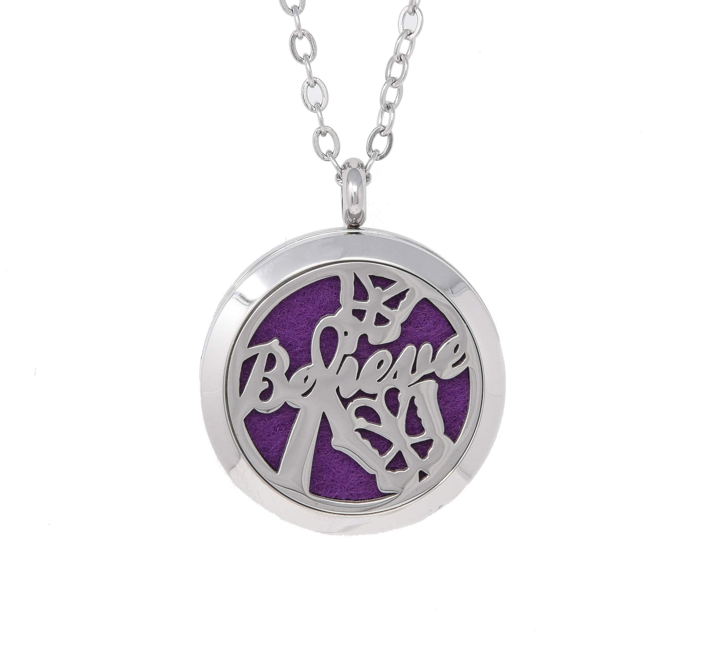 Aromatherapy Essential Oil Diffuser Stainless Steel 30MM Silver Magnetic Locket Pendant 2 Sizes Chain Necklace, Refill Pads & Diffuser Bracelet in a Velvet Bag (Believe)