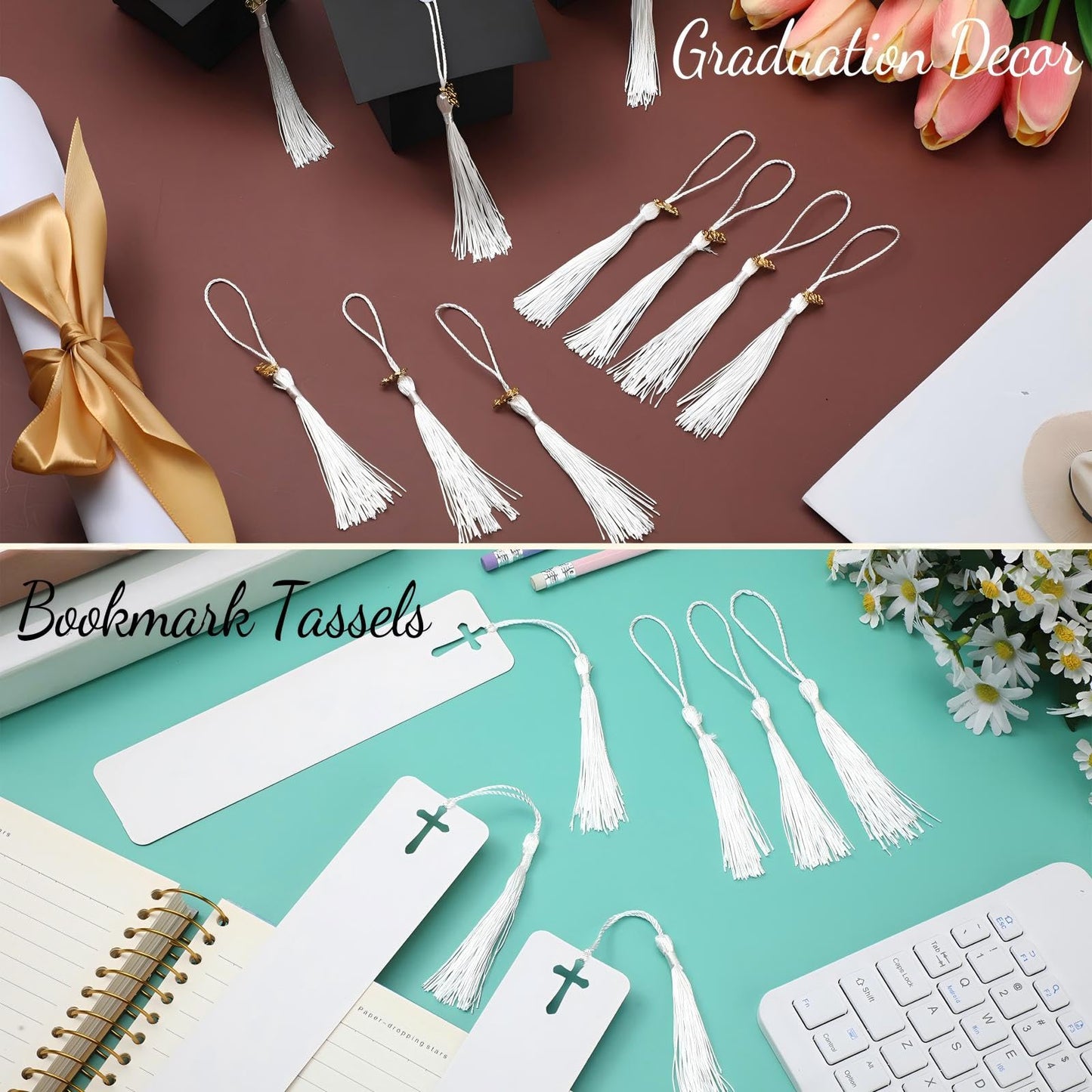 Cindeer 100 Pcs Mini Graduation Tassels with 100 Pcs 2026 Tassel Charms for Crafts Mini Silky Bookmark for Graduation Cap Keychain Ornaments DIY Craft Jewelry Making Project(White)