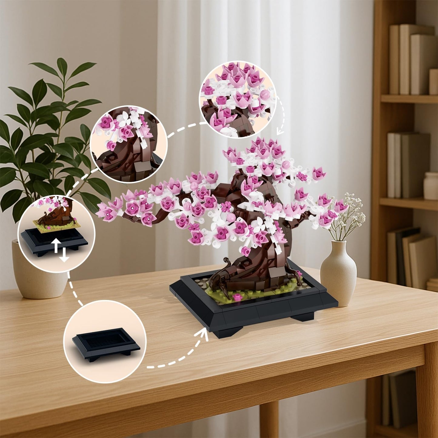 PDQAZIR 4 in 1 Bonsai Tree Building Blocks Set, 529PCS Nature Plant Model with Changeable Seasons, Creative Botanical Construction Kit for Home Décor, STEM Educational Toy Gift for Adults