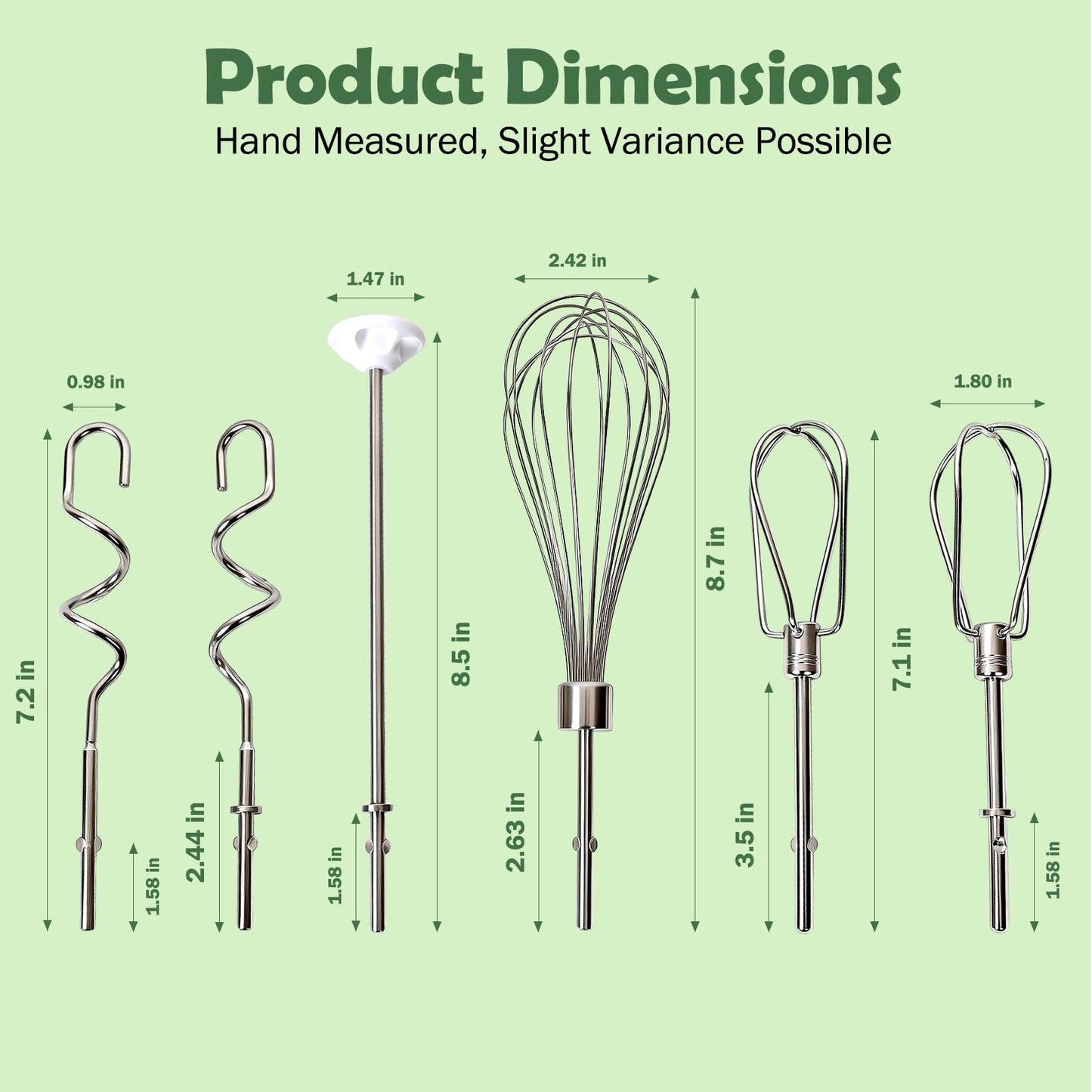 Hand Mixer Attachments, 6 Pcs Stainless Steel Set Turbo Beater, Pro Whisk, Dough Hooks & Blending Rod | Compatible with KitchenAid KHM3, KHM5, KHM7, KHM9, KHM512, KHM926 Series Hand Mixers