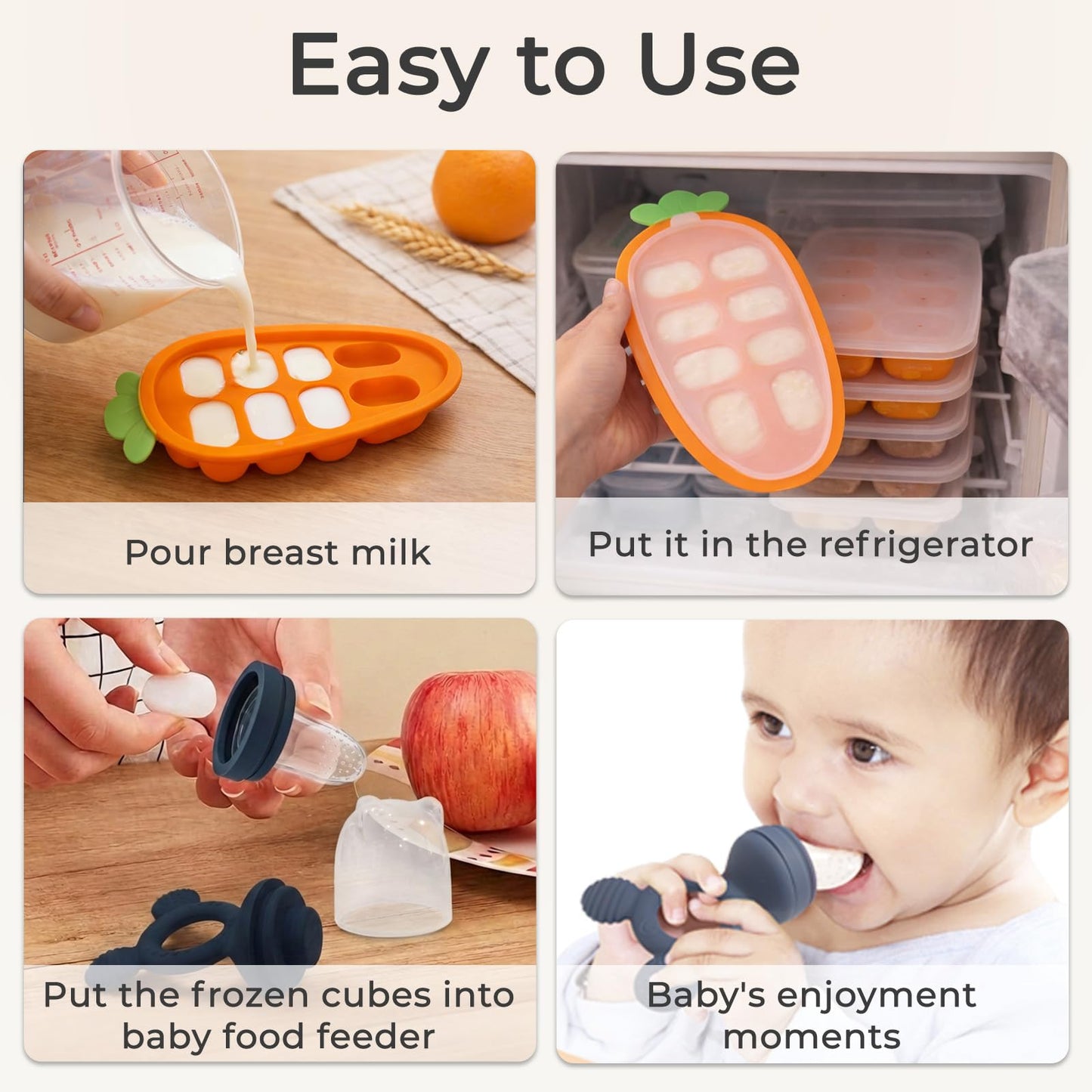 HAOBAOBEI Baby Fruit Feeder 2 Pack with Freezer Tray, 4 Silicone Pouches in 3 Sizes, Breastmilk Popsicle Mold, Food Feeder Pacifier and Silicone Teether for Teething Relief, 4+ Months