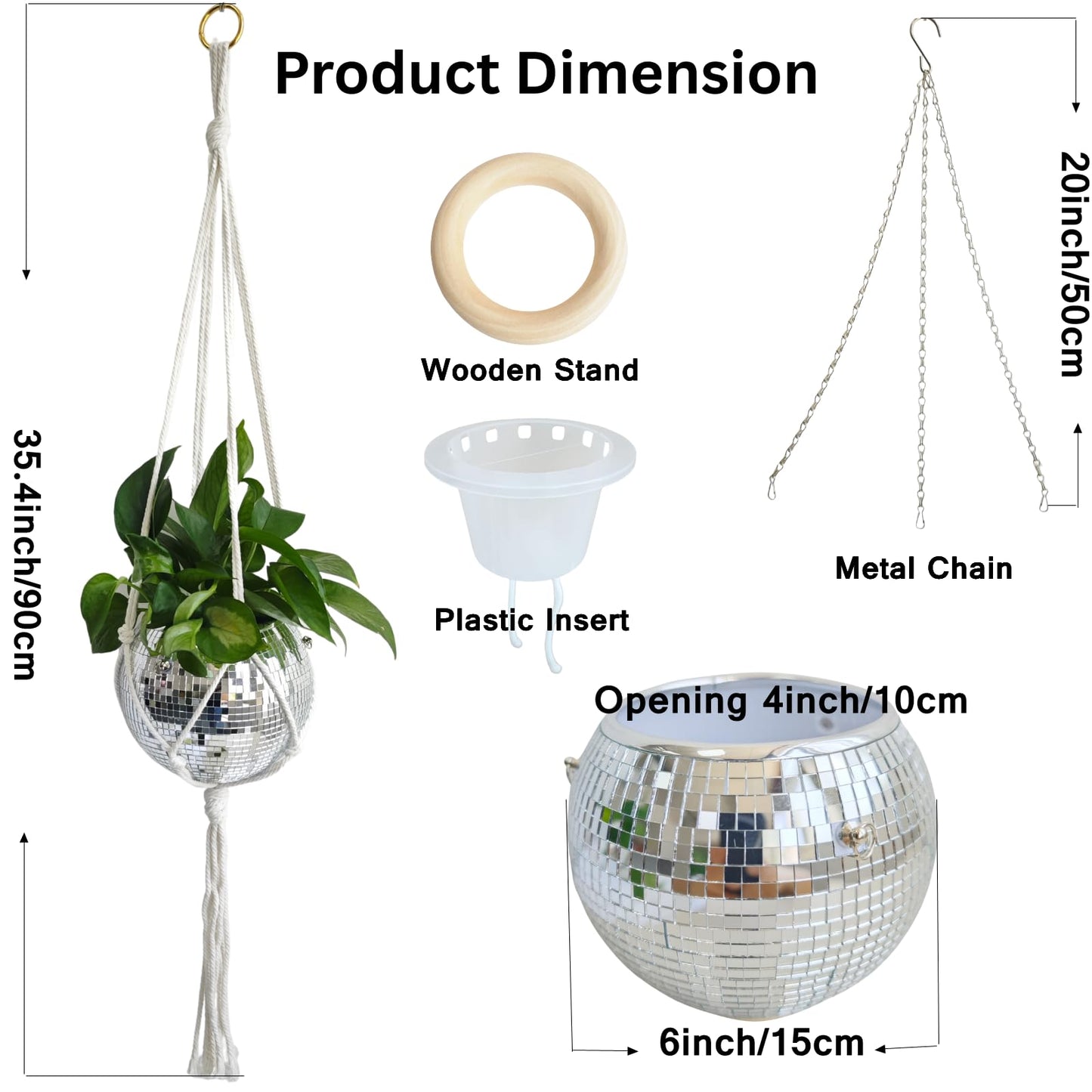 Disco Ball Hanging Plant Pots, Boho Silver Mirror Disco Planter with Chain Hook and Macrame Rope for Indoor Outdoor Decor and Wooden Stand for Desk,Self Watering Insert Pots