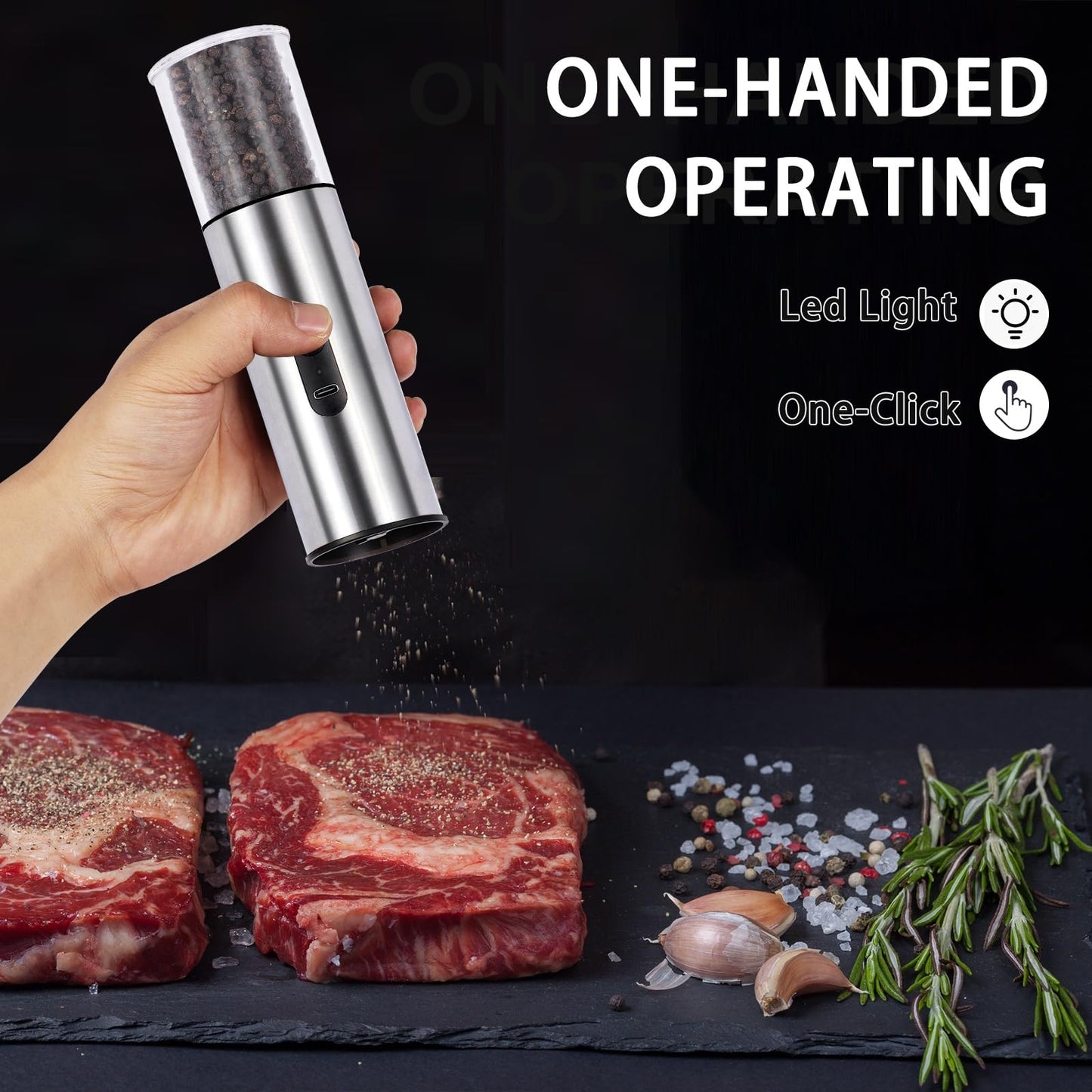 Enutogo Electric Salt and Pepper Grinder Set, Rechargeable Salt and Pepper Shakers Refillable, Automatic Pepper Mill with Adjustable Coarseness, One Hand Operation with LED light, Stainless Steel