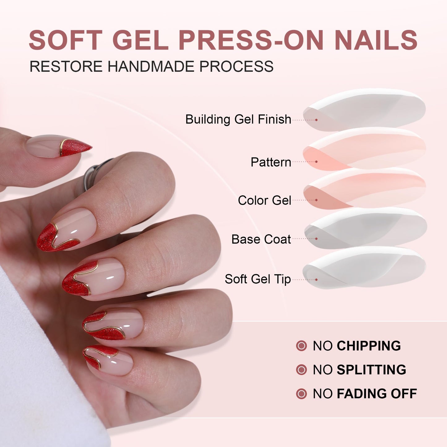 Hrnsnails Almond Press On Nails, Glue On Nails Short Fake Nails Red French Tip Nails with Golden Lines Designs, Acrylic Nails Press On Gel False Nails,Artificial Nails Stick On Nails for Women