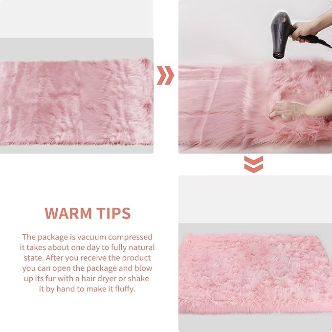 Ciicool Ultra Soft Faux Sheepskin Fur Rug Fluffy Rug for Bedroom Fuzzy Carpet for Living Room Kid's Room Nursery Decor, Pink 2 x 6 Feet
