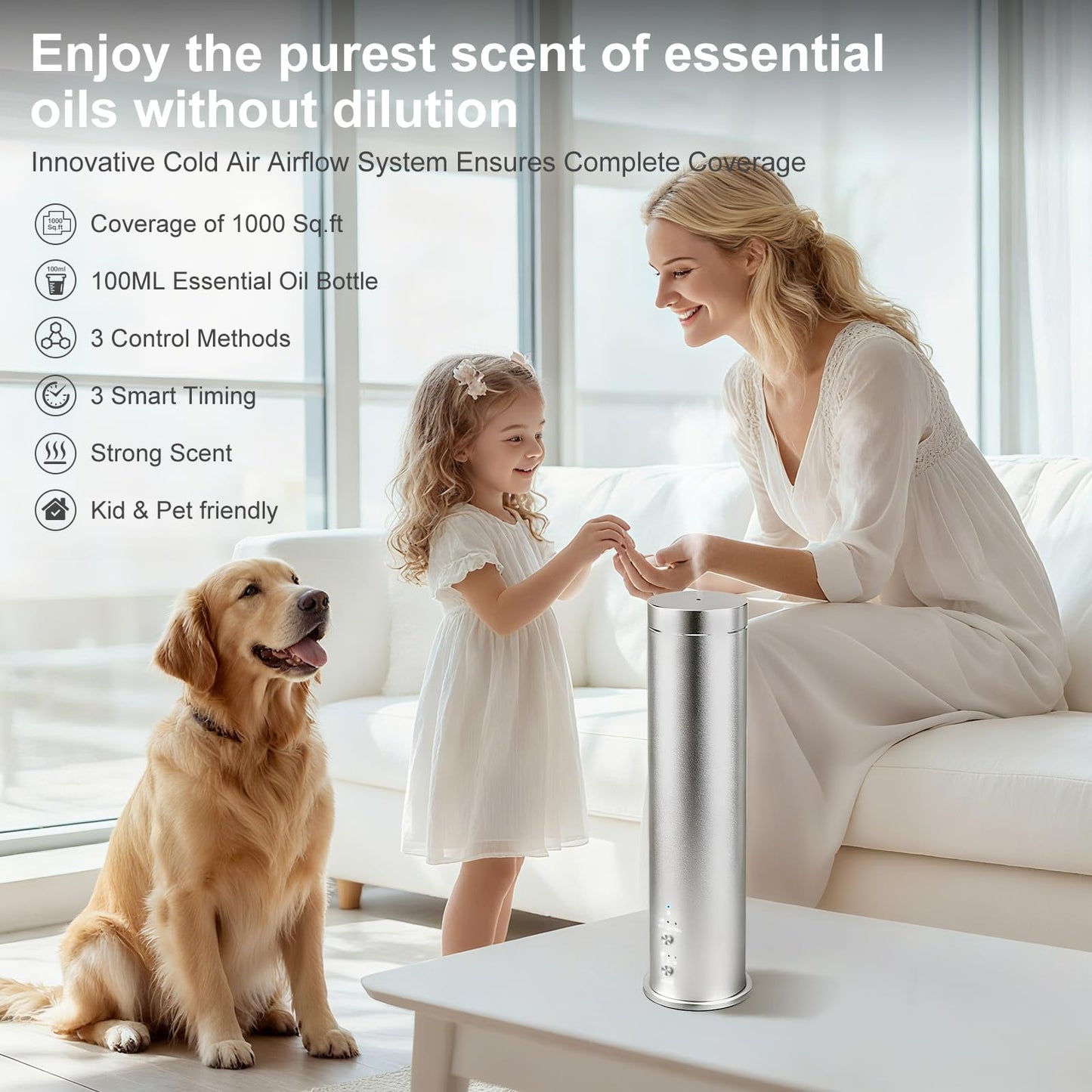 WEKELL Waterless Essential Oil Diffuser Large Room Scent Diffuser for Home, Office, Hotel and Spas - Aromatherapy Diffuser Fragrance Oil Machine, Remote Control, Timer, Silver